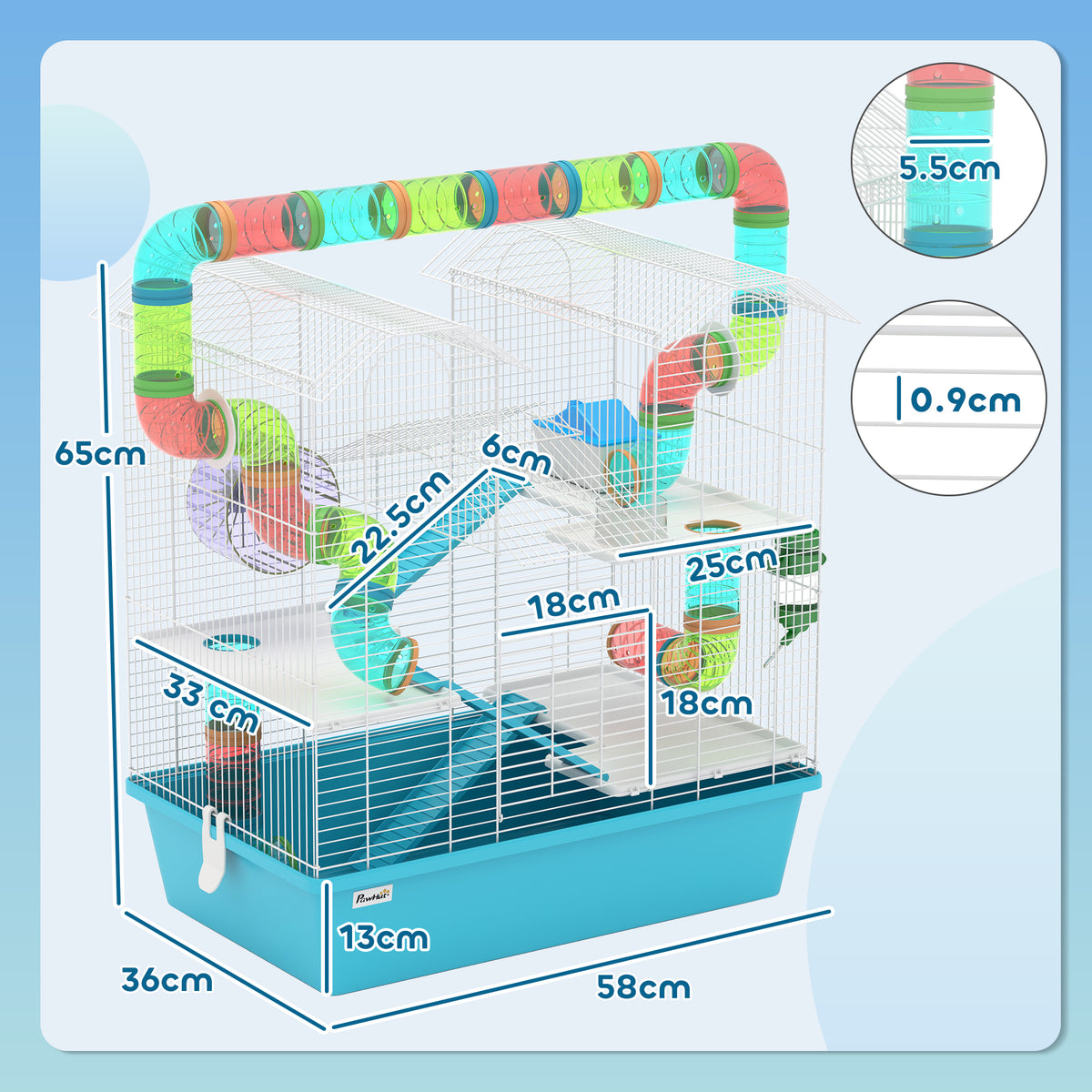 PawHut hamster cage with tubes and accessories, shown with overall dimensions and bar spacing
