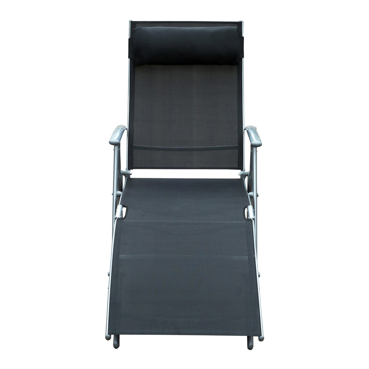 Front view of black mesh sun lounger with padded headrest and silver steel frame