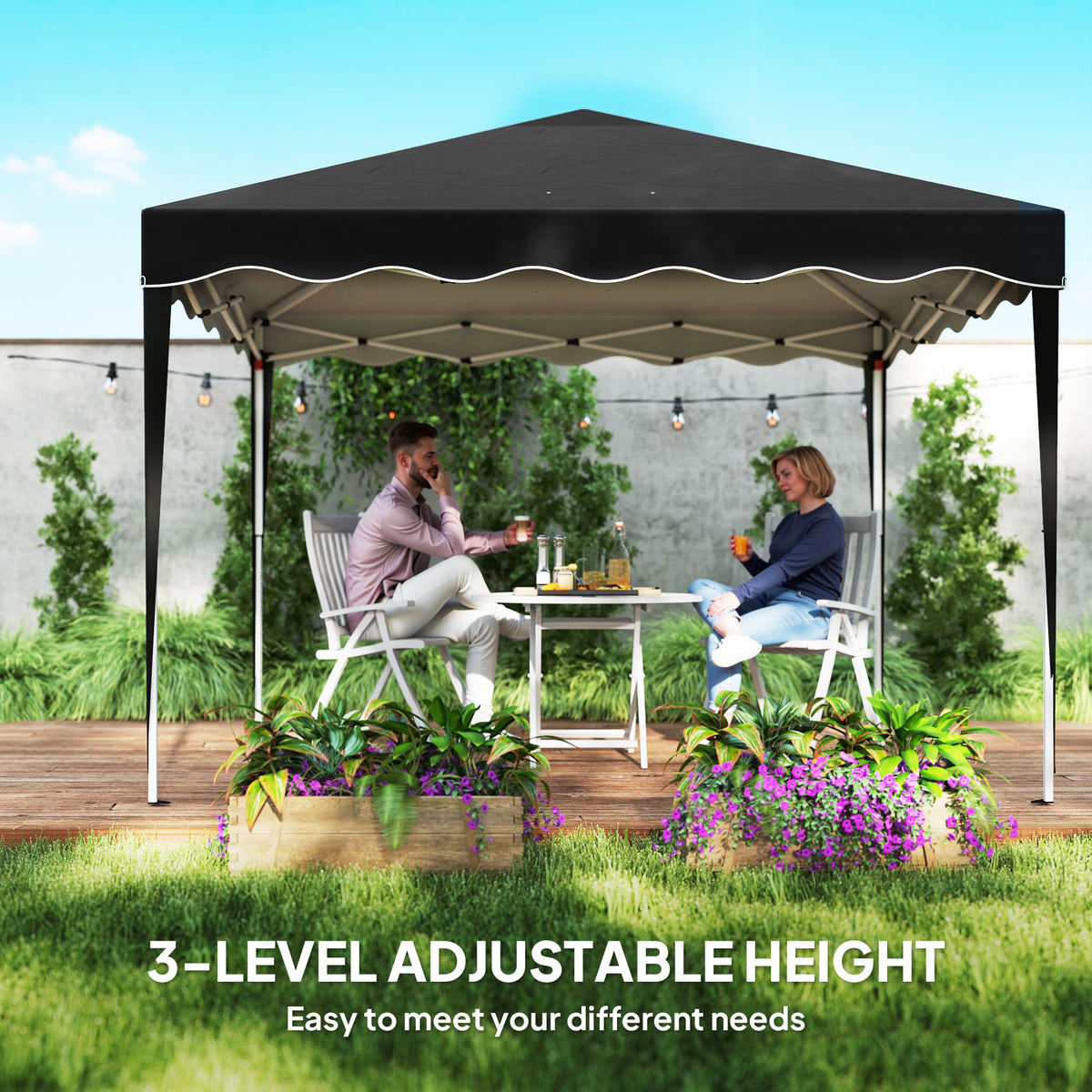 Black gazebo with three-level adjustable height and open sides