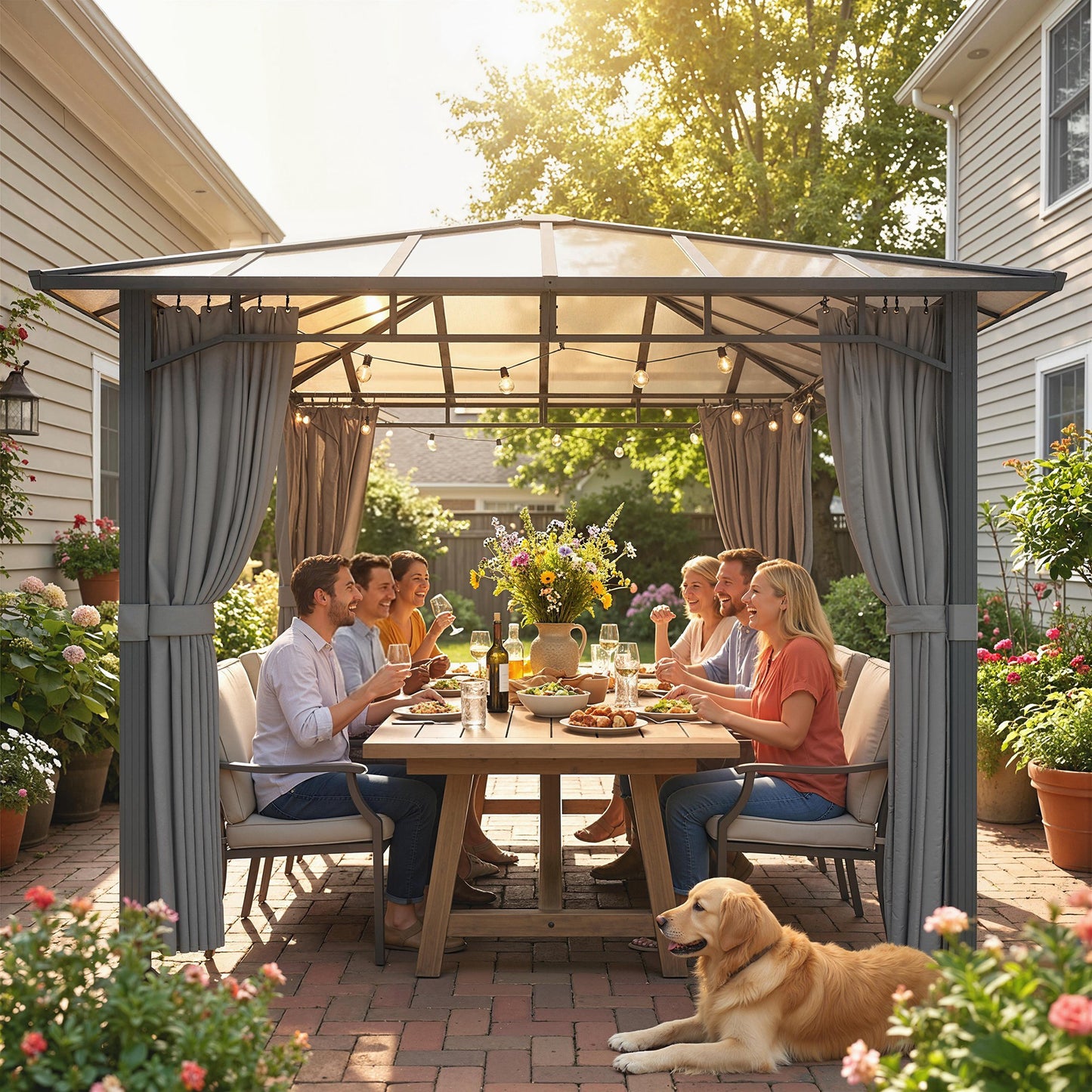 Outsunny 3 x 3 m Outdoor Hardtop Gazebo Canopy with PC Roof, Aluminium Permanent Pavilion Garden Gazebo with Curtains, Tan