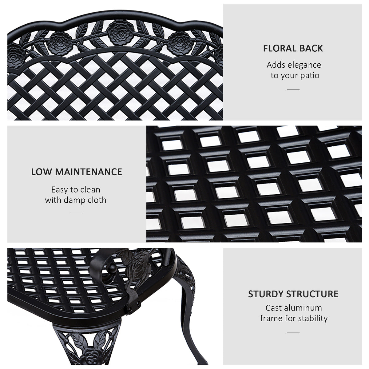 Black garden bench details: floral lattice back, openwork seat, and cast aluminum legs