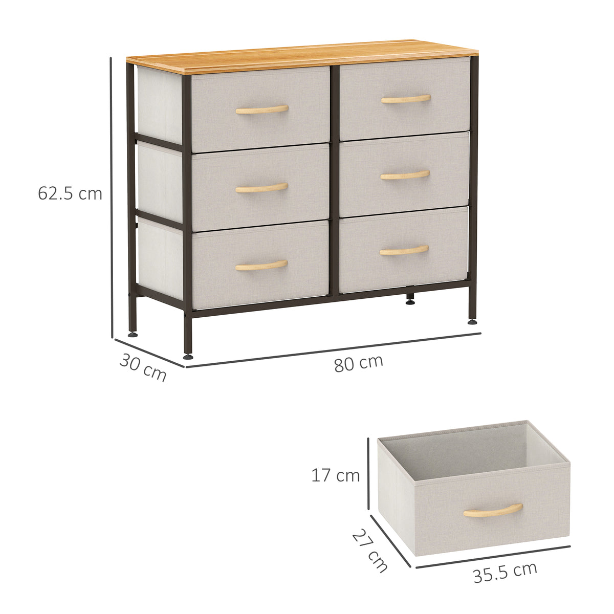 Fabric dresser with six drawers and a separate removable drawer shown with dimensions
