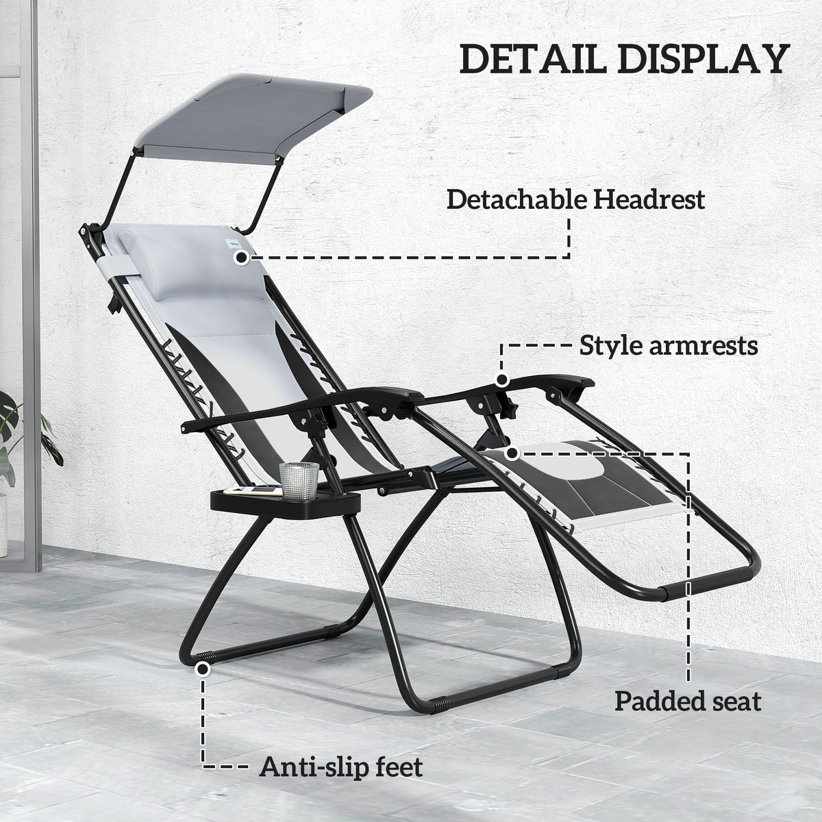 Outsunny reclining lounge chair with padded seat, detachable headrest, armrests, and anti-slip feet