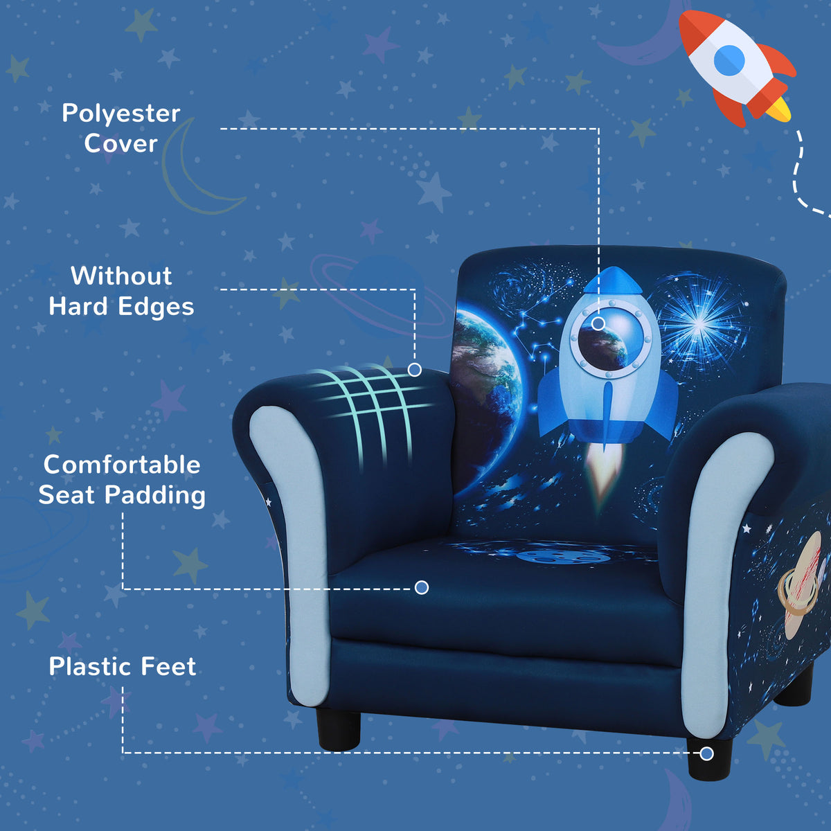 Blue children's armchair with padded seat, rounded arms, rocket print and plastic feet