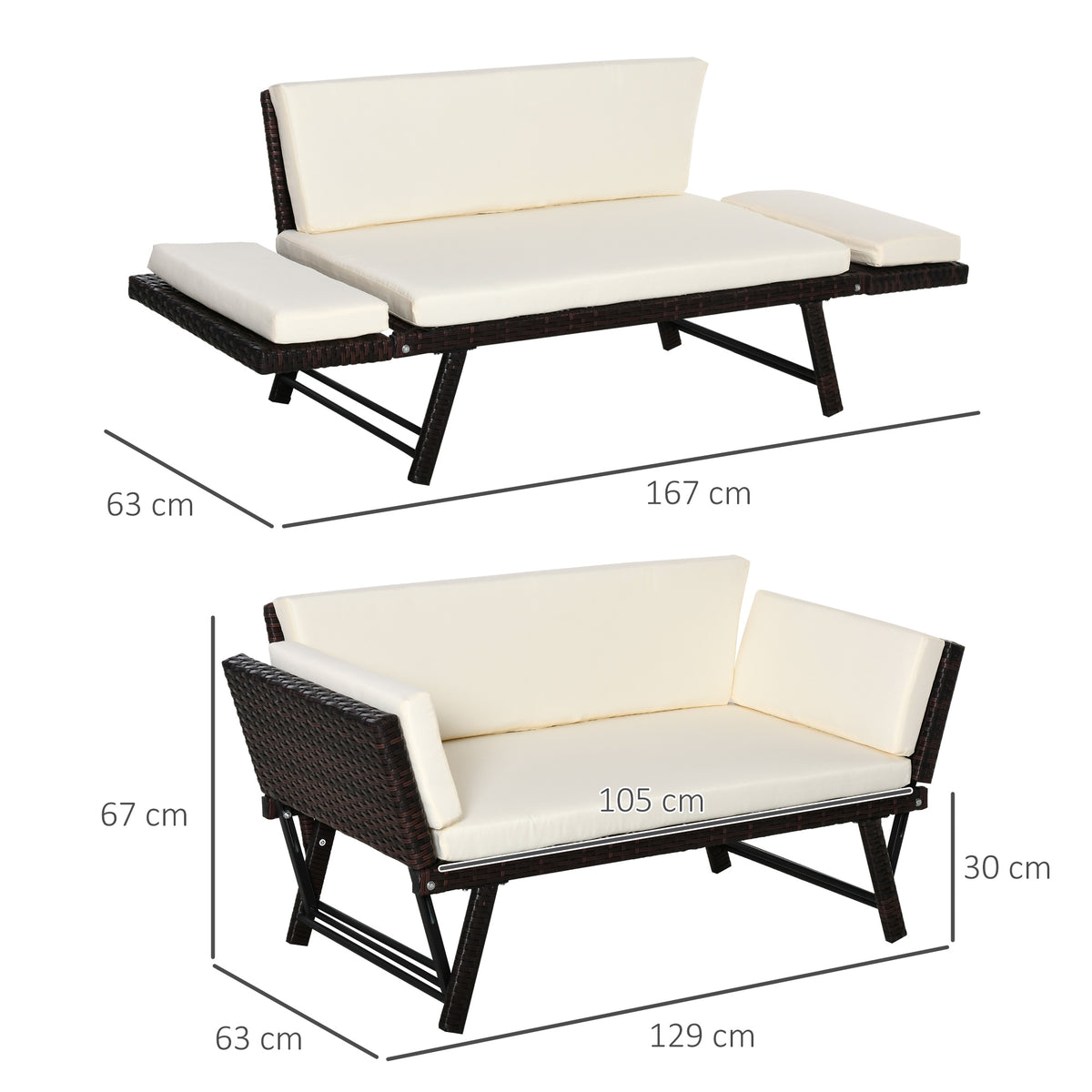 Brown rattan sofa-bed shown in loveseat and extended configurations with dimensions