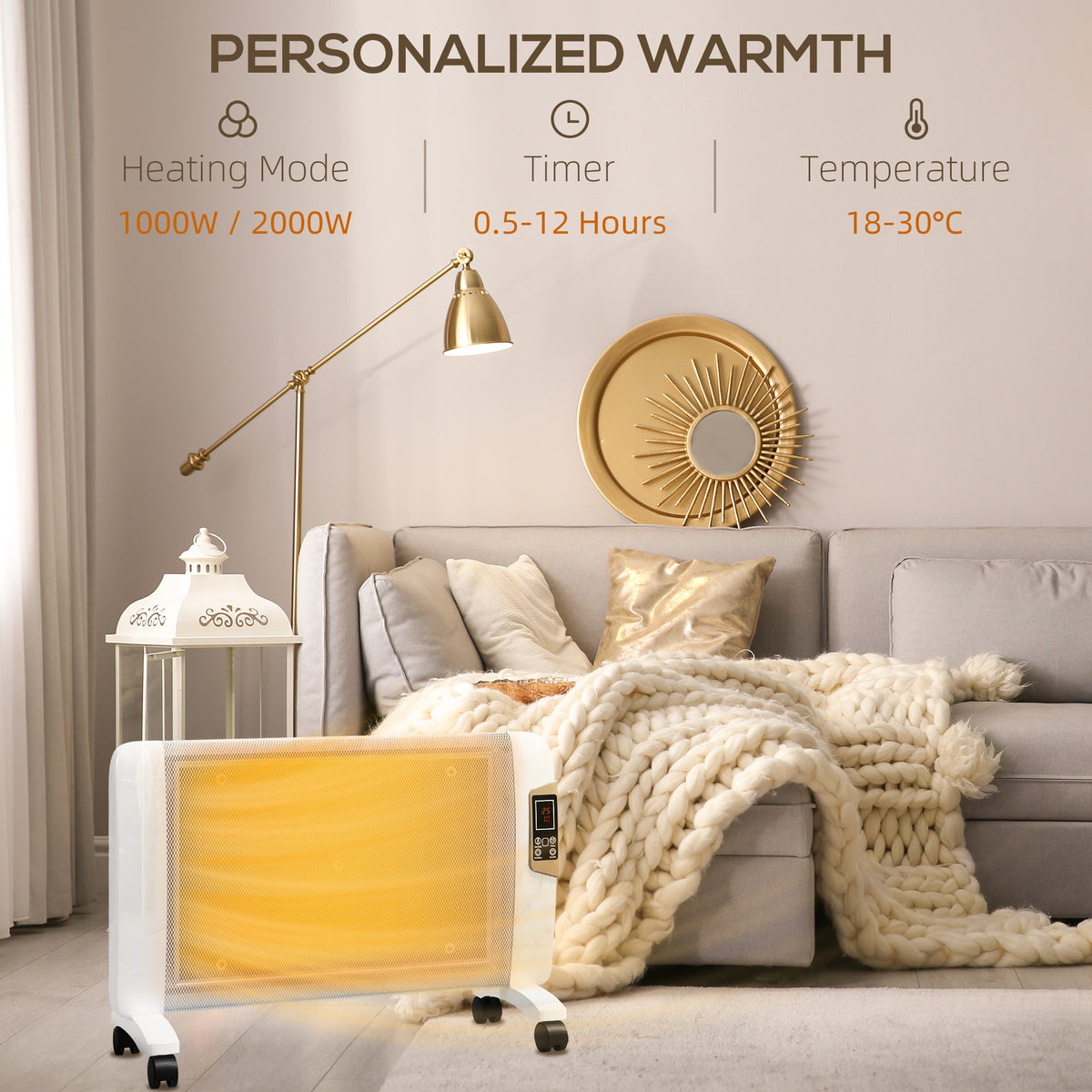 White mica space heater with glowing panel, caster wheels and digital controls