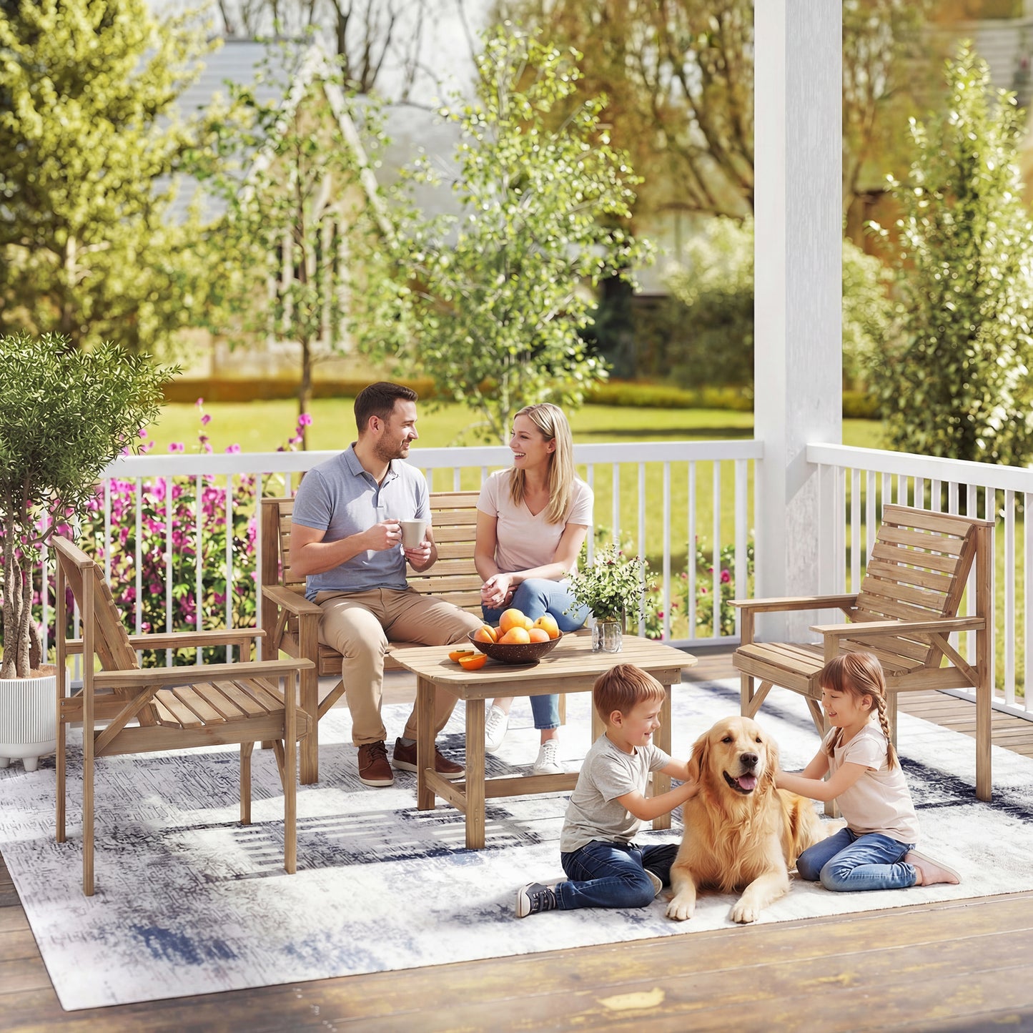 Outsunny 4 Piece Wooden Garden Furniture Set, Outdoor Garden Sofa Set with 2 Armchairs, Loveseat and Coffee Table, Natural Wood