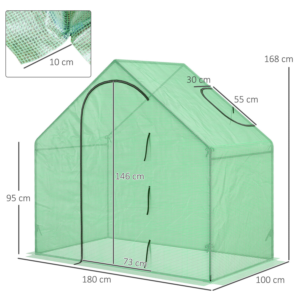 Green walk-in greenhouse with roof vent and zip door, shown with dimensions and mesh cover detail