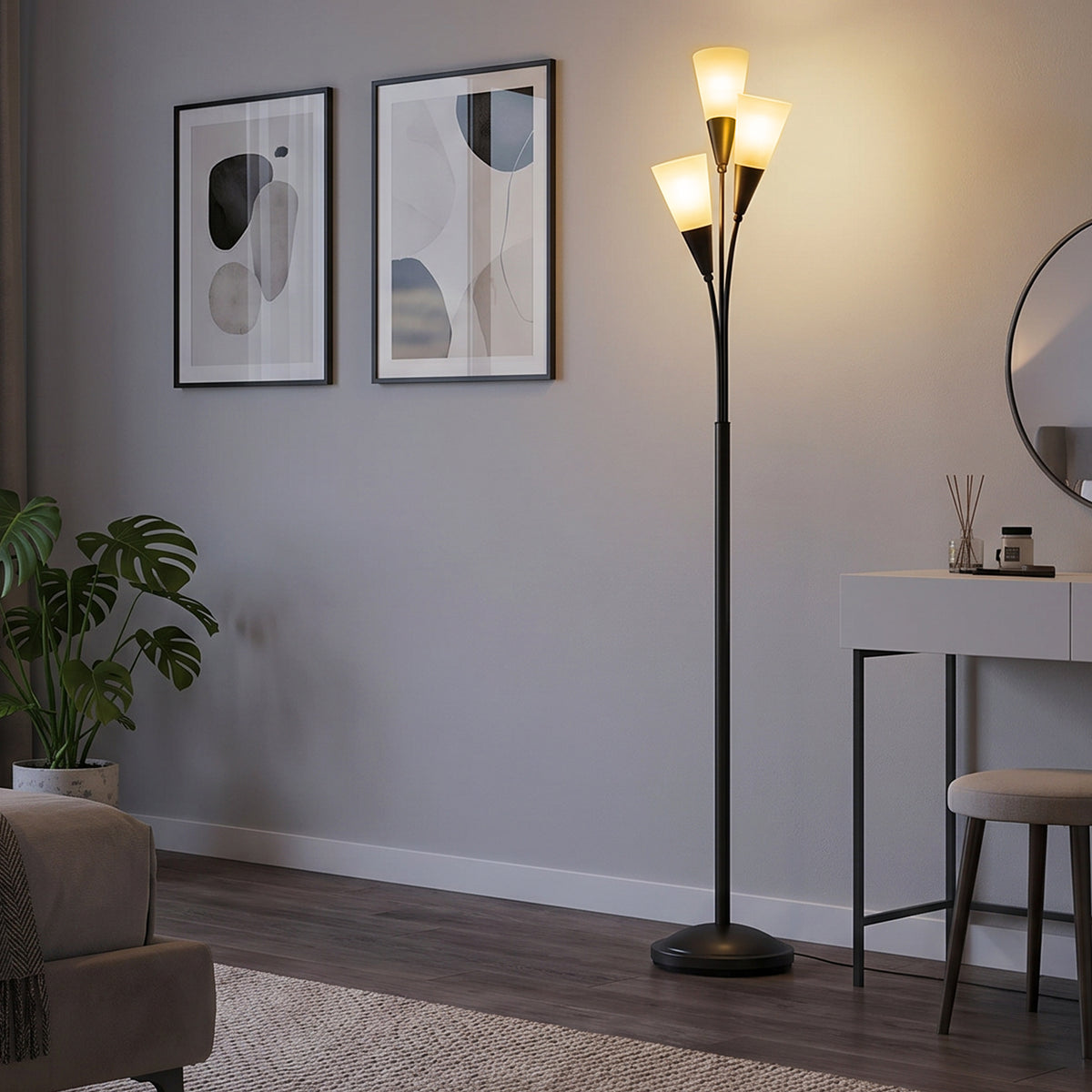 HOMCOM Modern Standing Lamp, 3-Light Upright Floor Lamps for Living Room, Black