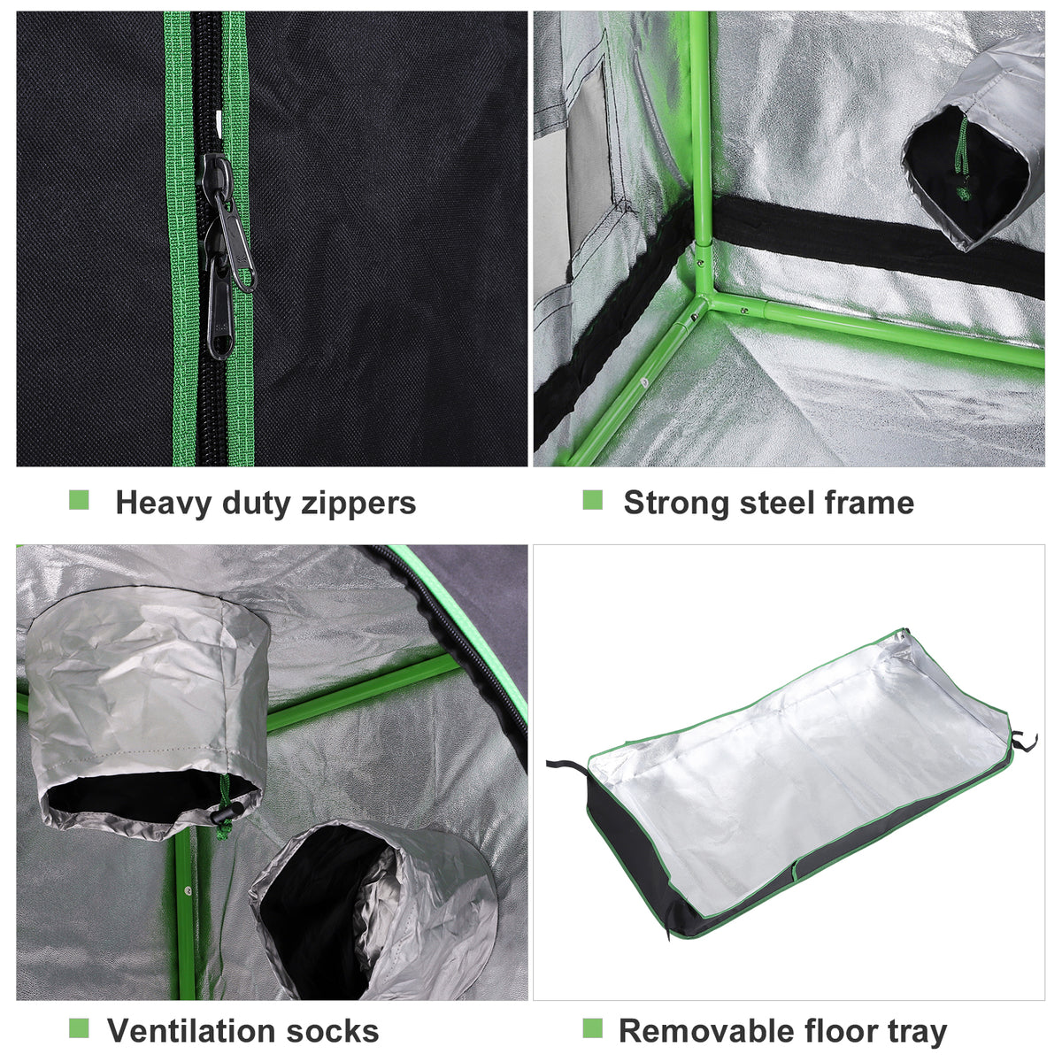 Grow tent features close-up of heavy-duty zippers, steel frame, ventilation socks and removable tray