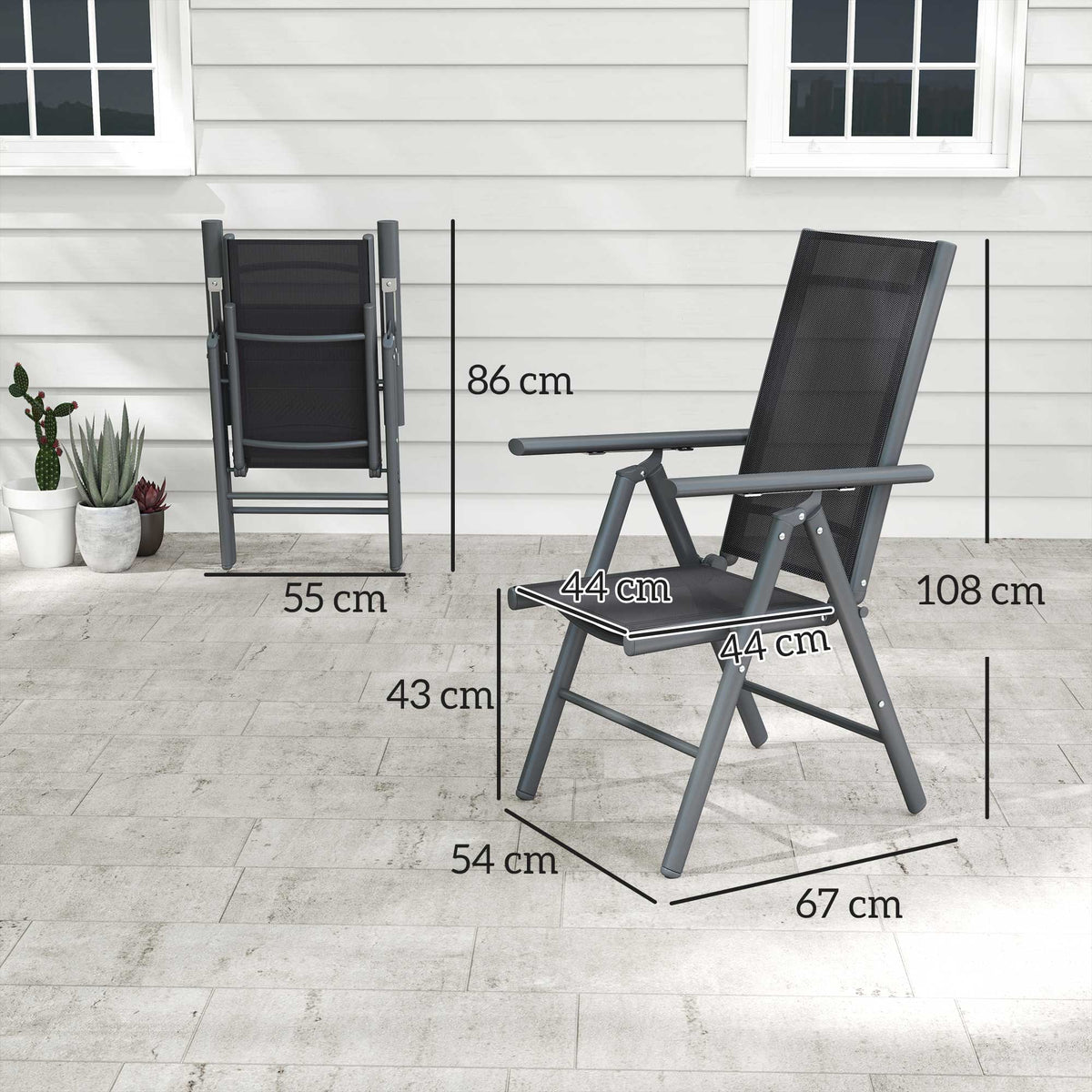 Folding garden chair shown from the side and back with dimension markings