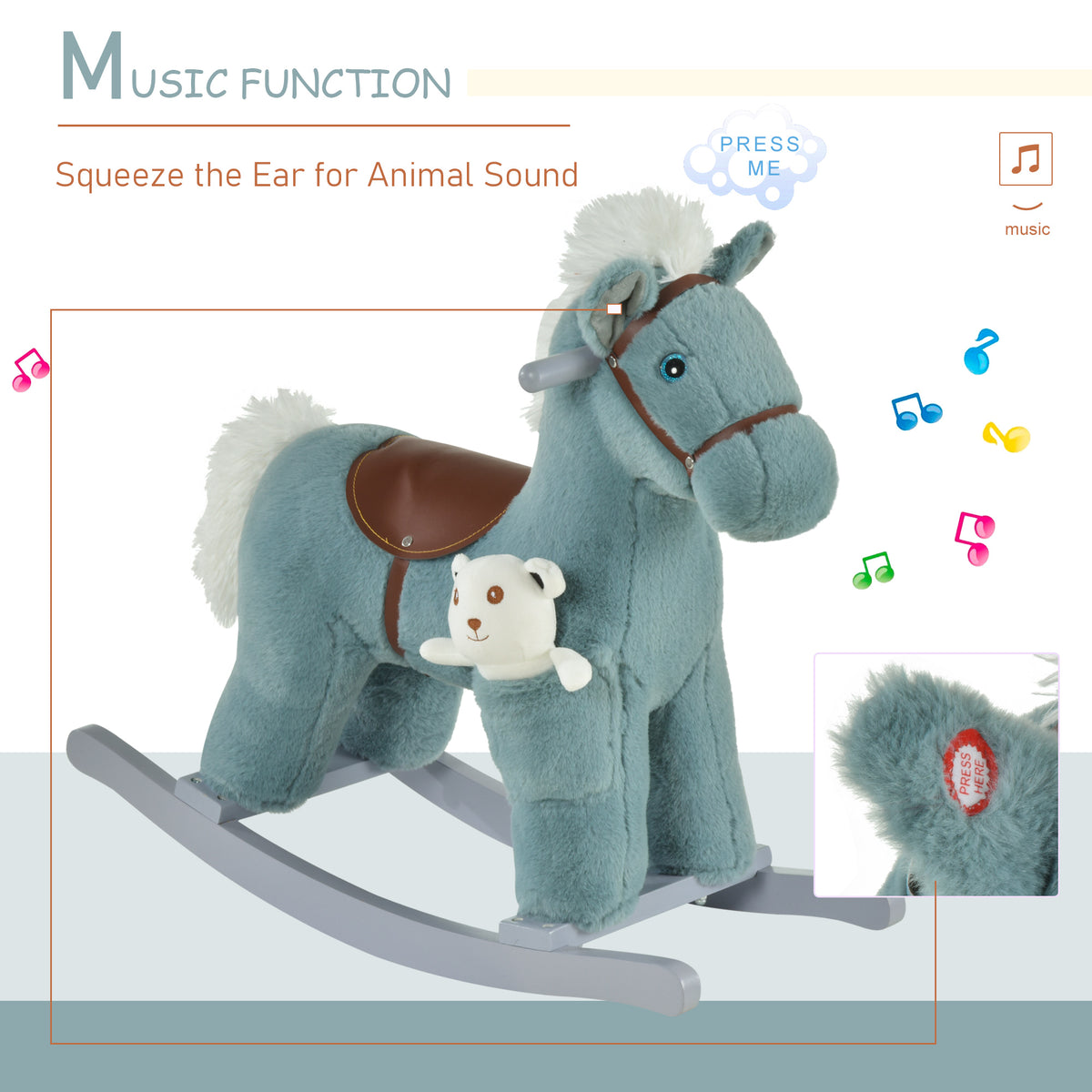 Blue plush rocking horse with sound feature, brown saddle, and attached white toy