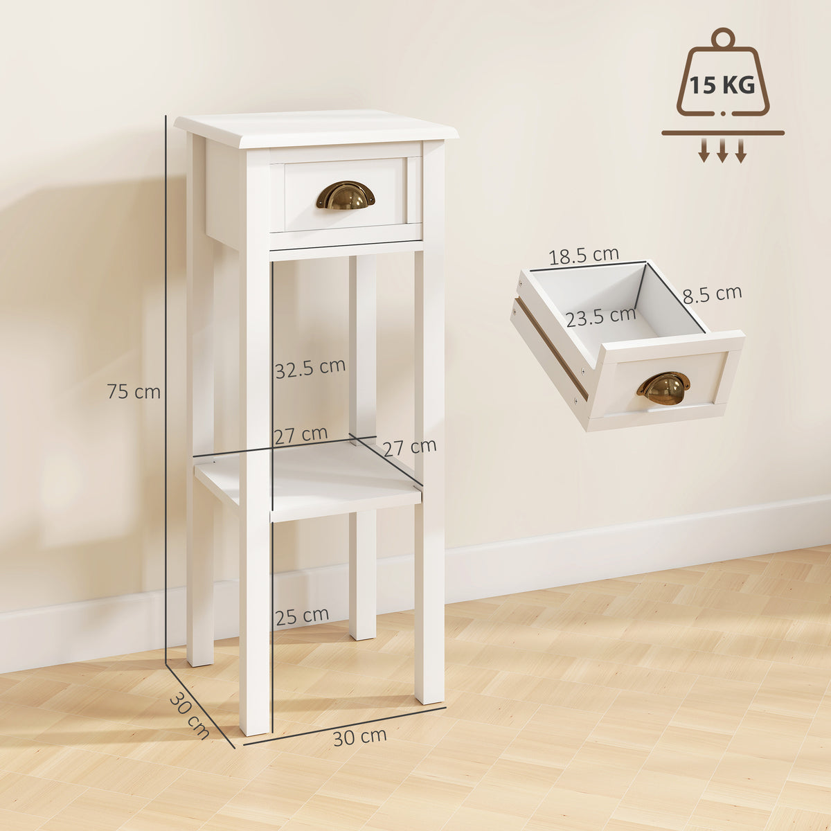 White side table with drawer and shelf, shown with dimensions and 15 kg capacity