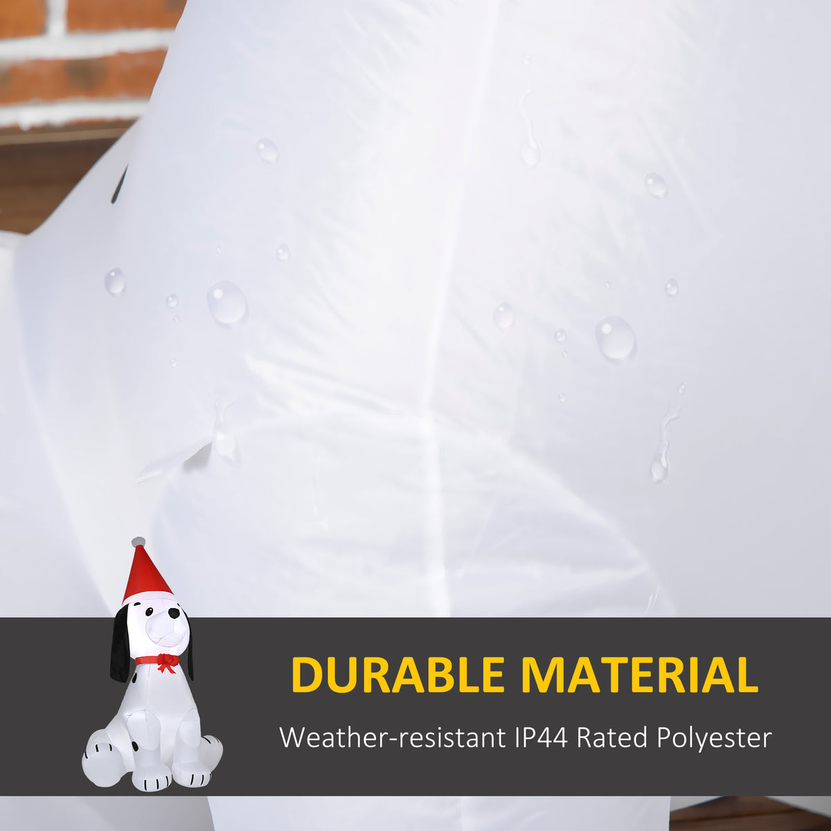 Close-up of the inflatable puppy's white weather-resistant polyester fabric.