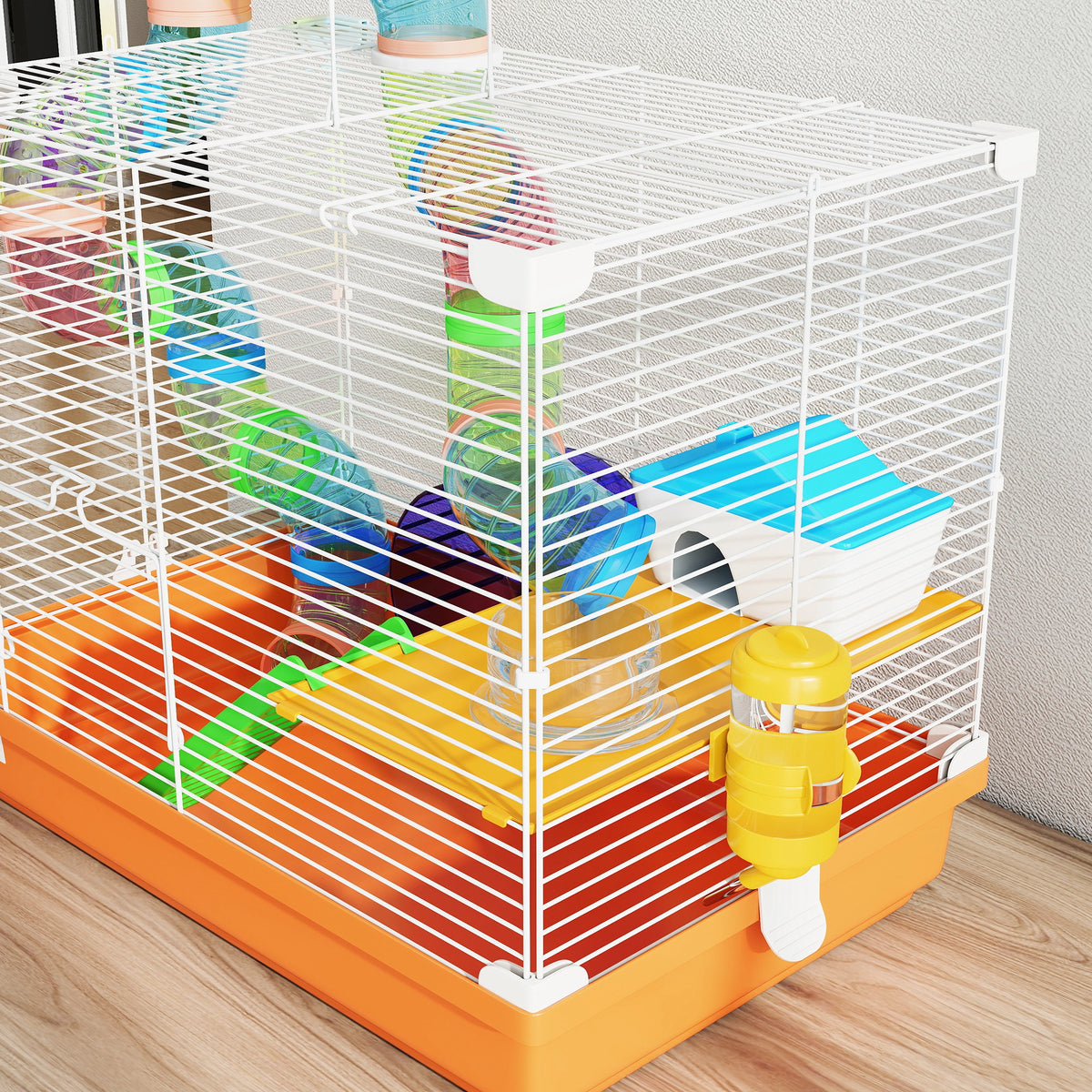 PawHut 2 Tier Hamster Cage, Gerbil Cage with Handle, Exercise Wheels, Tunnel, Water Bottle, Dishes, Ladder, for Dwarf