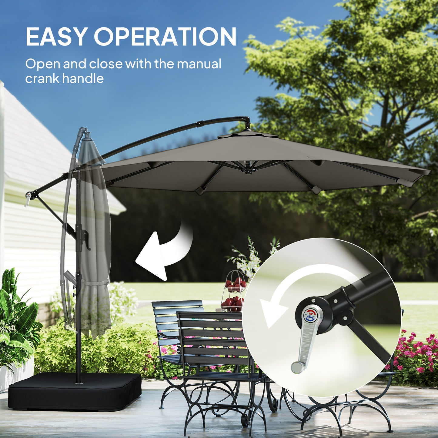 Outsunny 3 m Garden Cantilever Parasol with Cross Base, Sandbag, 360° Rotating Overhanging Banana Umbrella, Grey