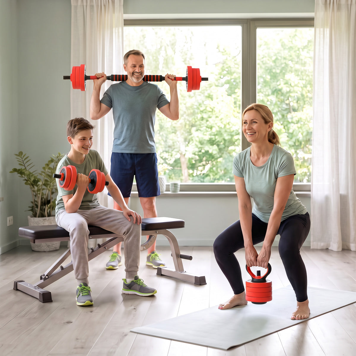 SPORTNOW red adjustable weights used as a barbell, dumbbells and kettlebell