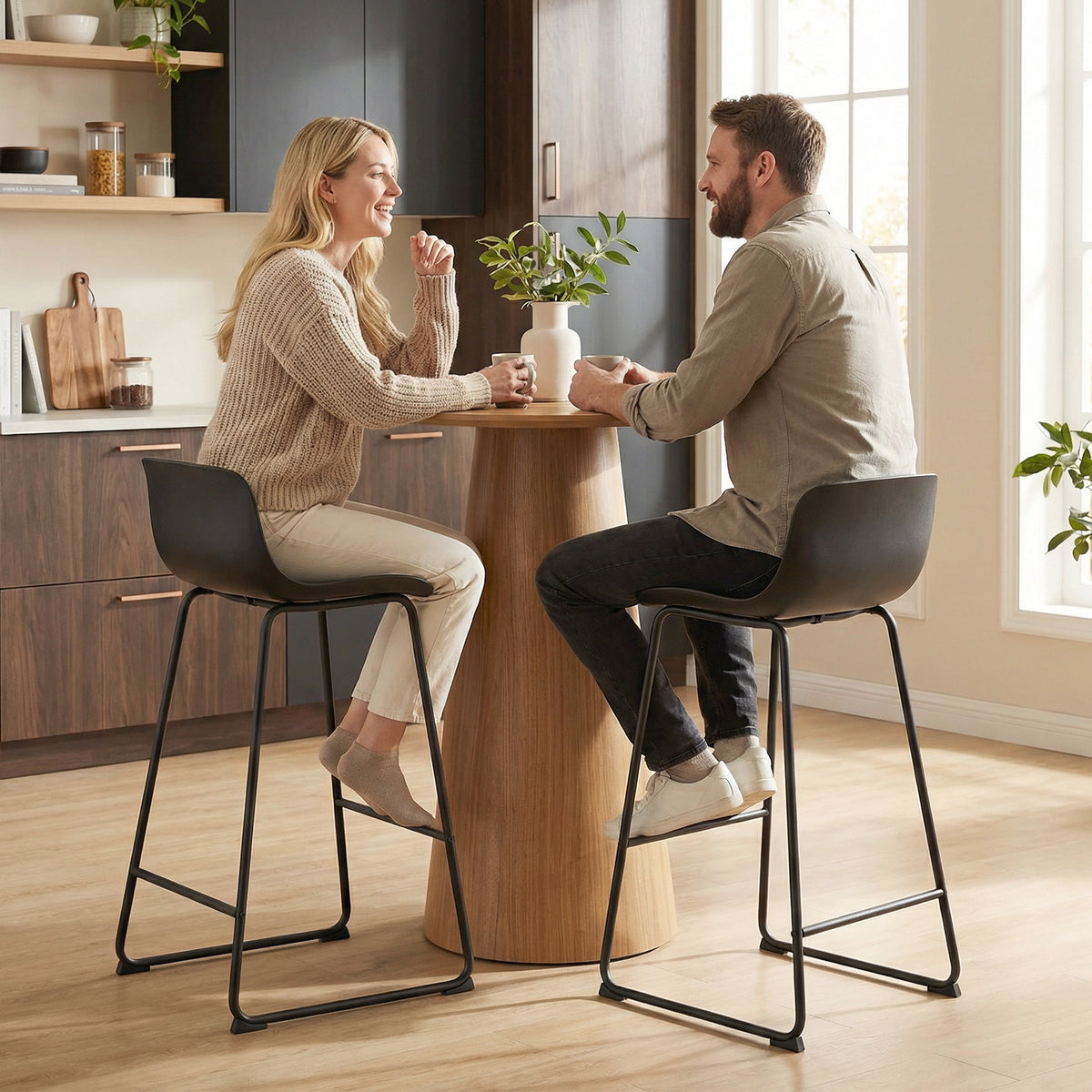 HOMCOM Modern Bar Stools Set of 2, PU Leather Barstools, Counter Height Kitchen Chairs for Breakfast Bars, Dining Room, Black