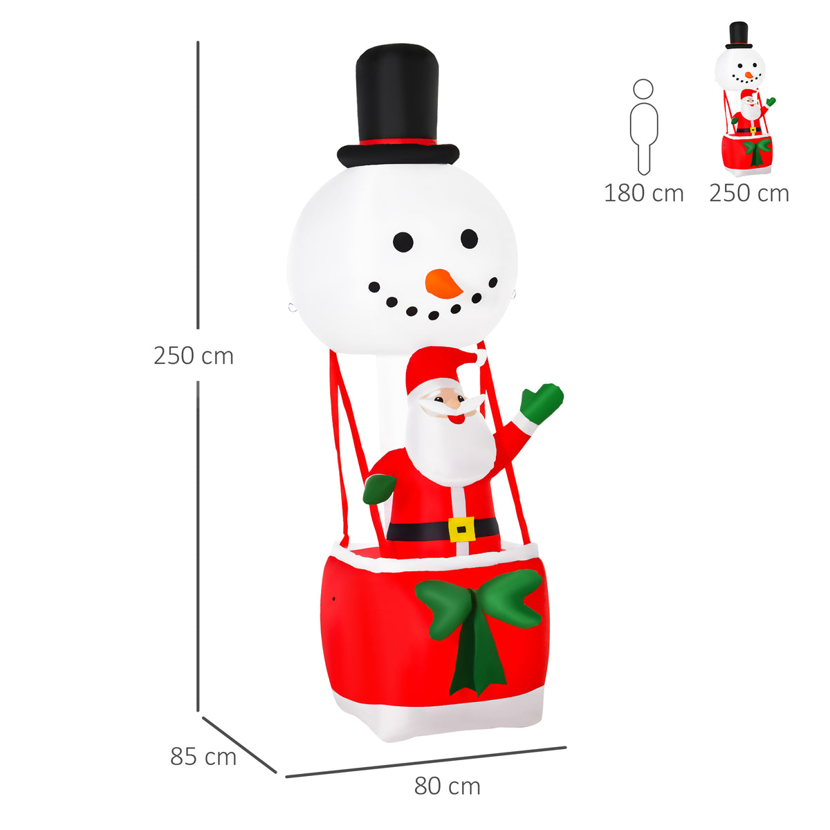 Santa and snowman inflatable decoration, shown with 250 cm height and 80 cm width