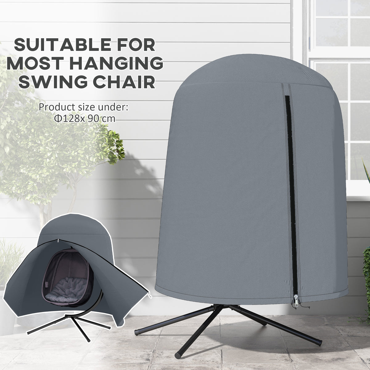 Grey hanging egg chair cover fitted over a suspended chair frame.