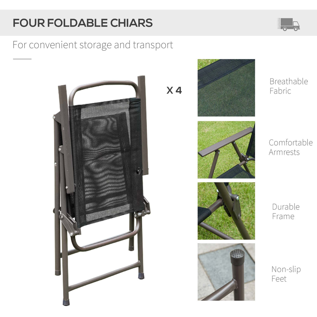 Outsunny folding chair with breathable black fabric, armrests and durable metal frame