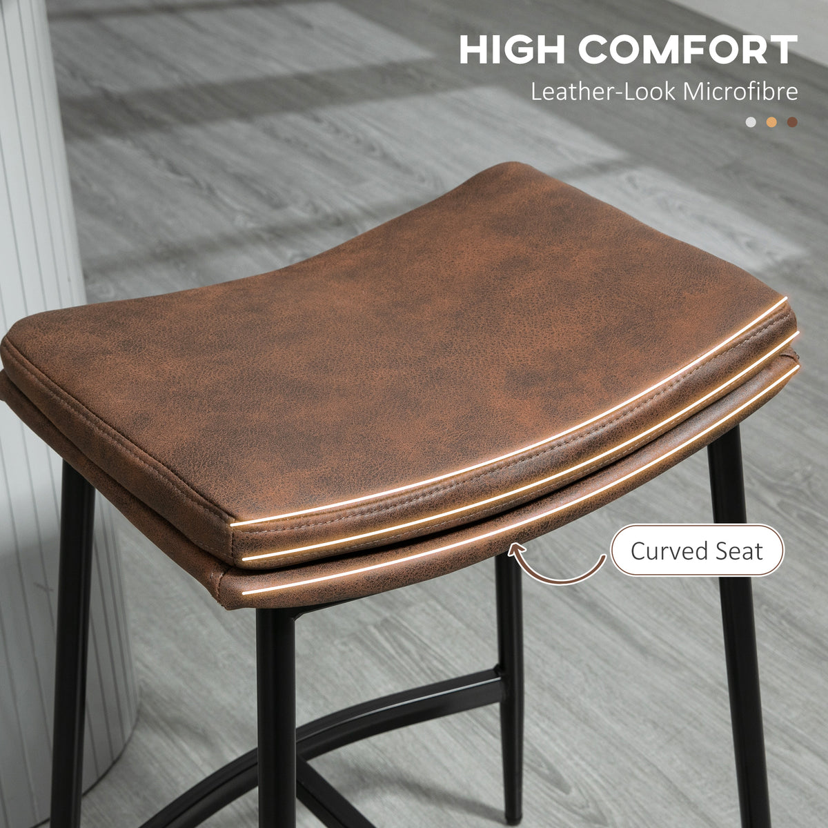 Brown leather-look microfibre bar stool seat with a curved padded edge