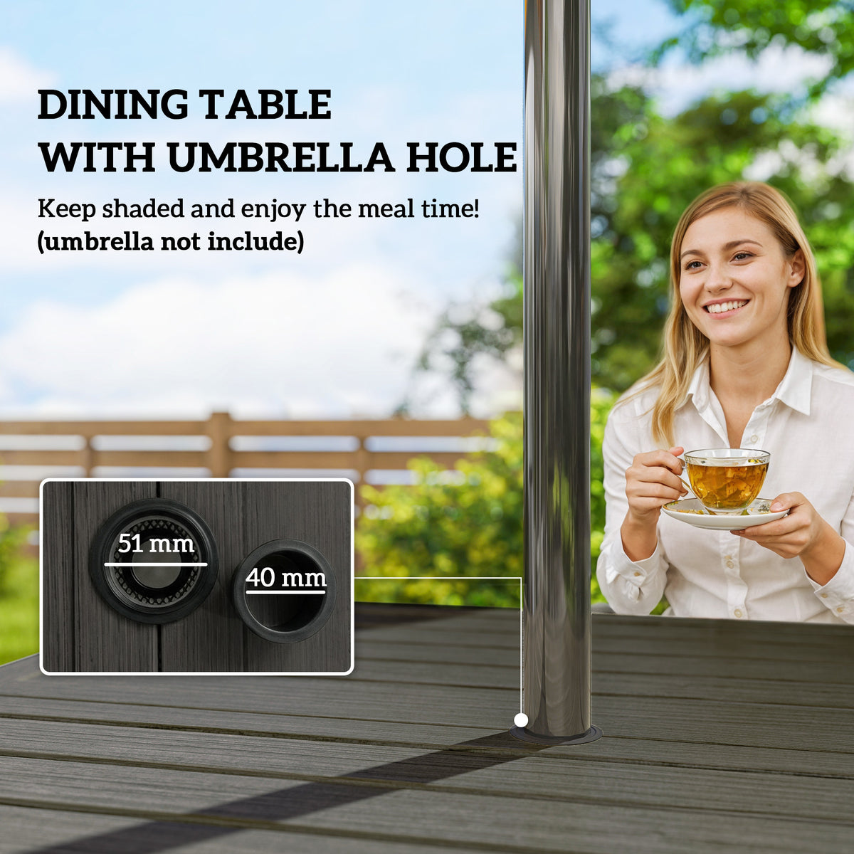 Outsunny 5 Pieces Outdoor Dining Set for 4, Garden Table and Stackable Chairs with Breathable Mesh Seat and Parasol Hole, Grey