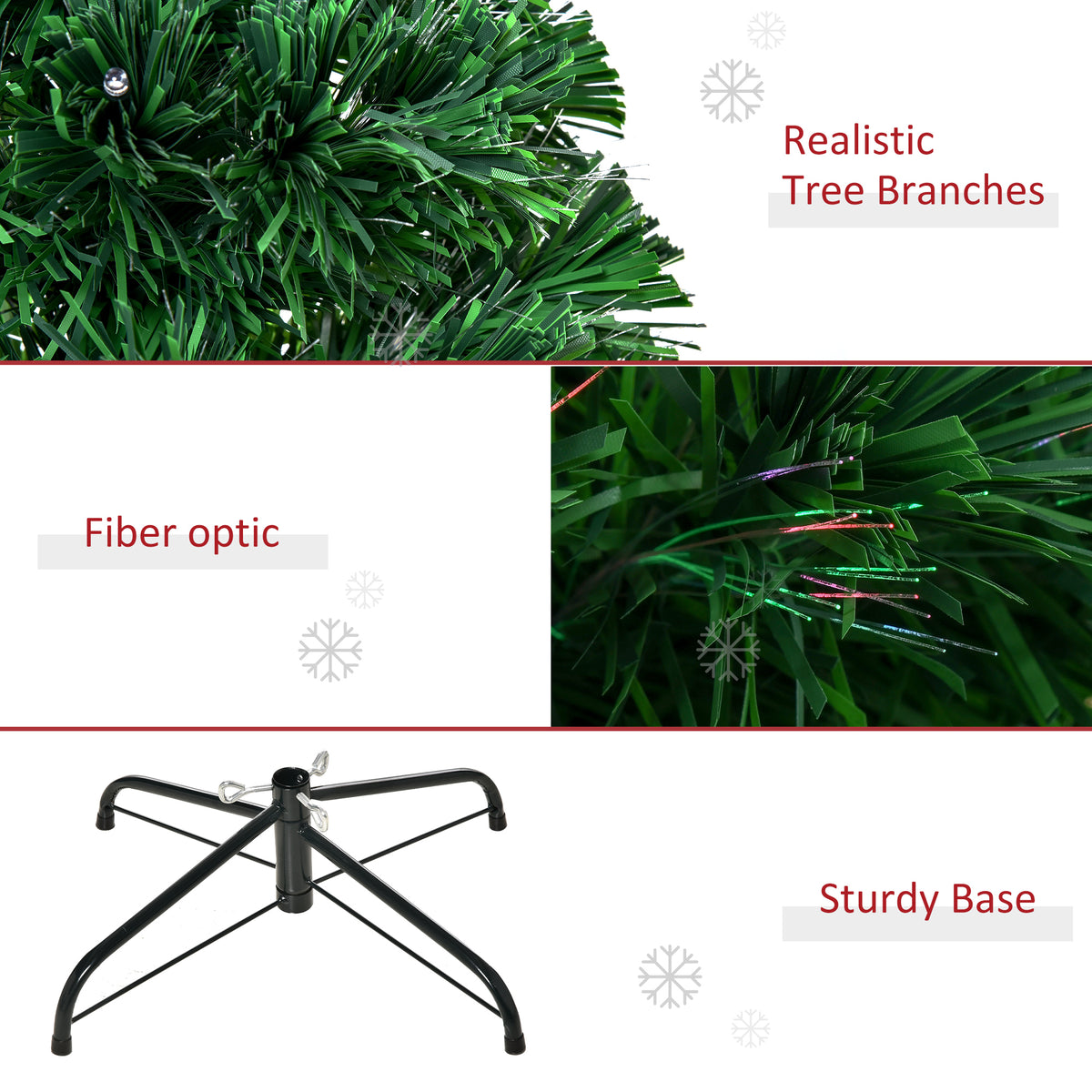 HOMCOM Christmas tree detail showing green branches, fiber-optic tips, and sturdy metal base
