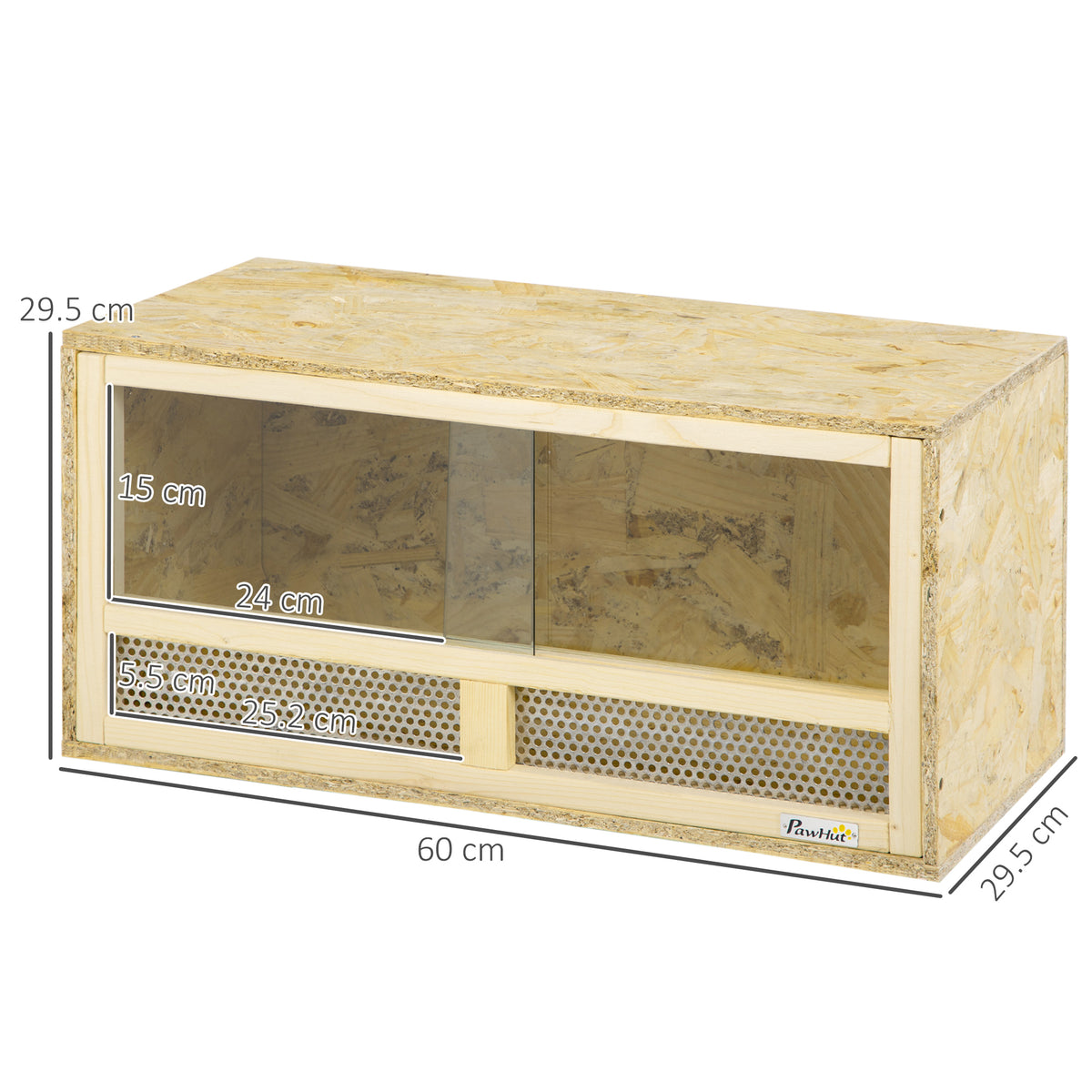 PawHut reptile terrarium with dimensions marked: 60 cm wide and 29.5 cm high and deep