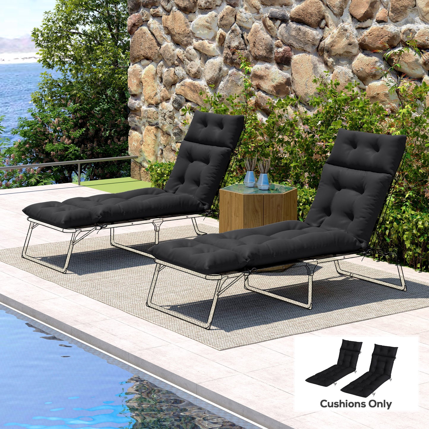 Outsunny Set of Two 190 x 56cm Sun Lounger Cushions - Black