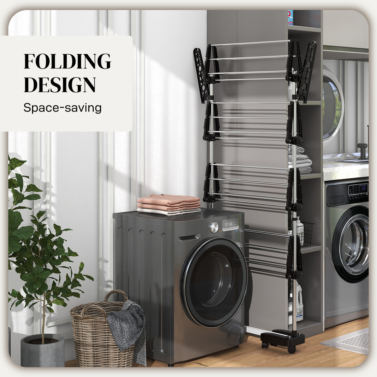 HOMCOM clothes drying rack folded upright for compact storage