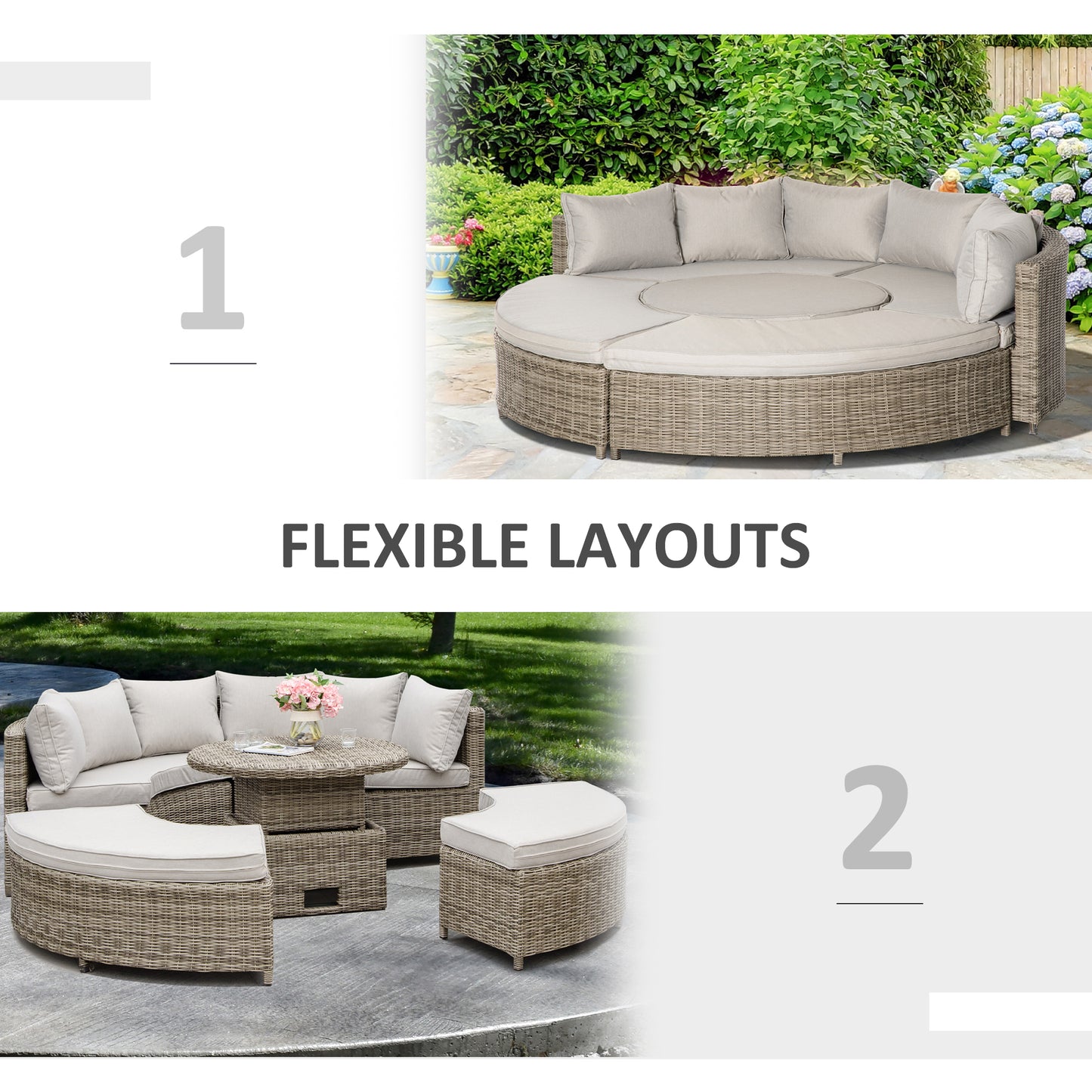 Outsunny 5 Pieces Outdoor PE Rattan Round Garden Daybed with Cushions, Aluminium Lounge Chair Conversation Sofa Set with Liftable Coffee Table and Protect Cover, Grey