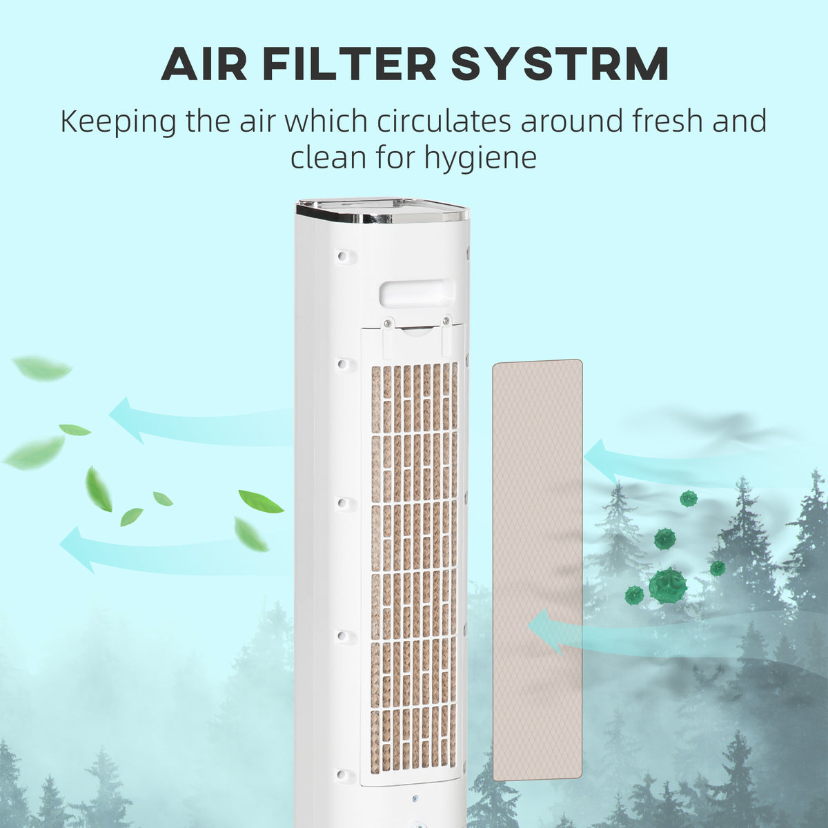 Rear of white HOMCOM tower air cooler with its air filter shown beside it.