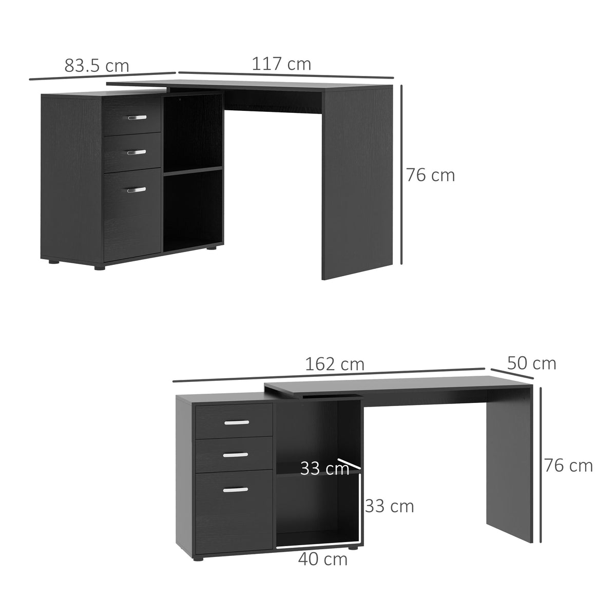 Reversible black desk with dimensions shown in both configurations