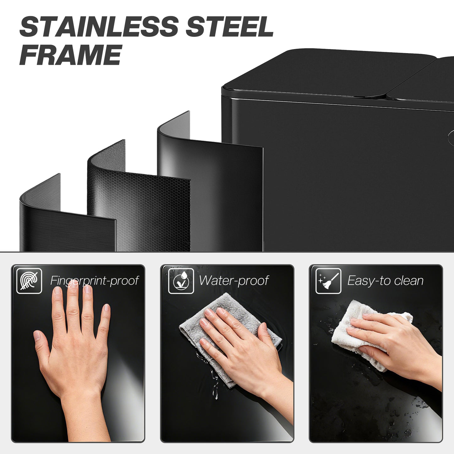 HOMCOM 3 x 20L Pedal Bin, Steel Triple Kitchen Bin with Soft Close Lid, Removable Inner Buckets, Fingerprint-Proof, Black