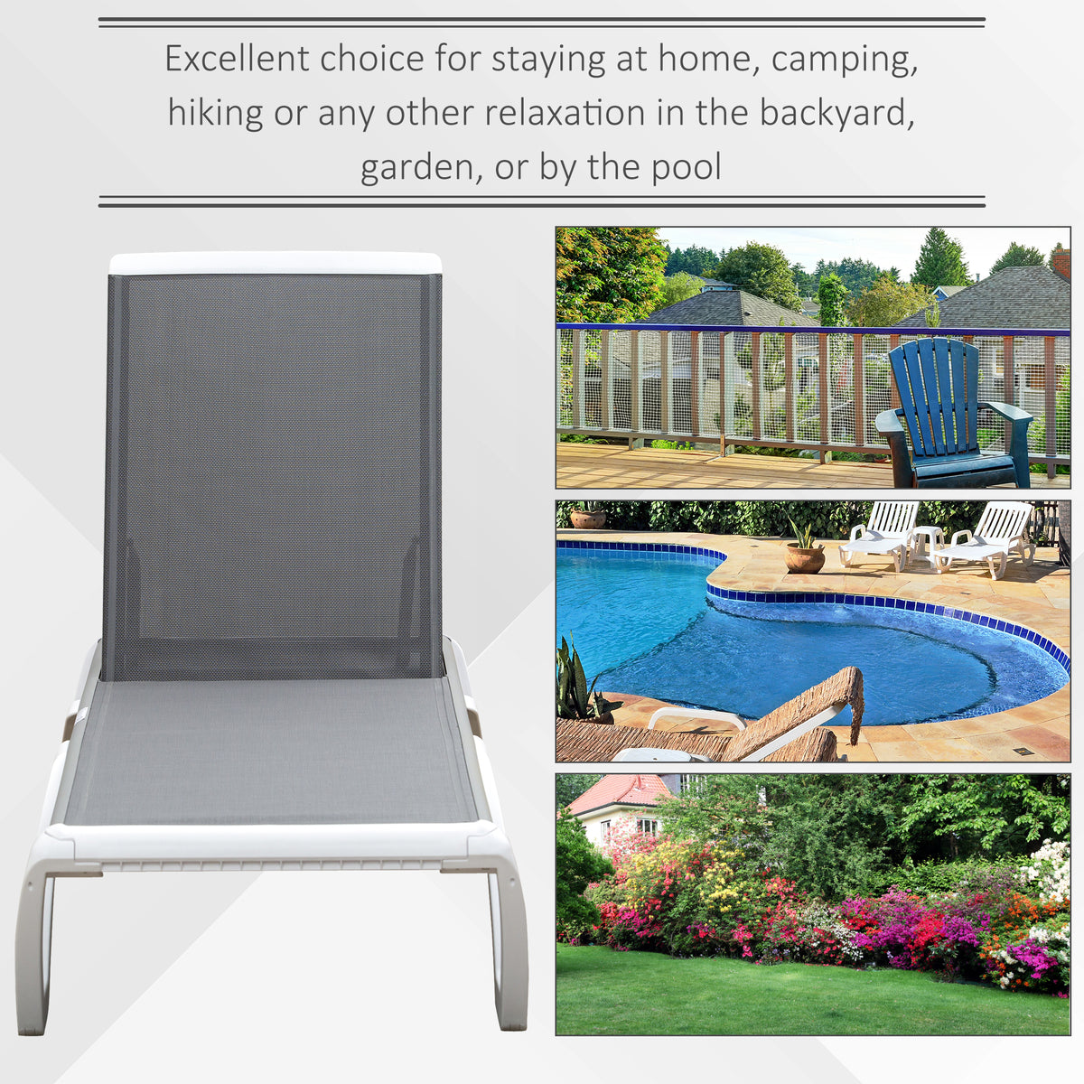 Front view of the grey sun lounger with white frame and adjustable backrest