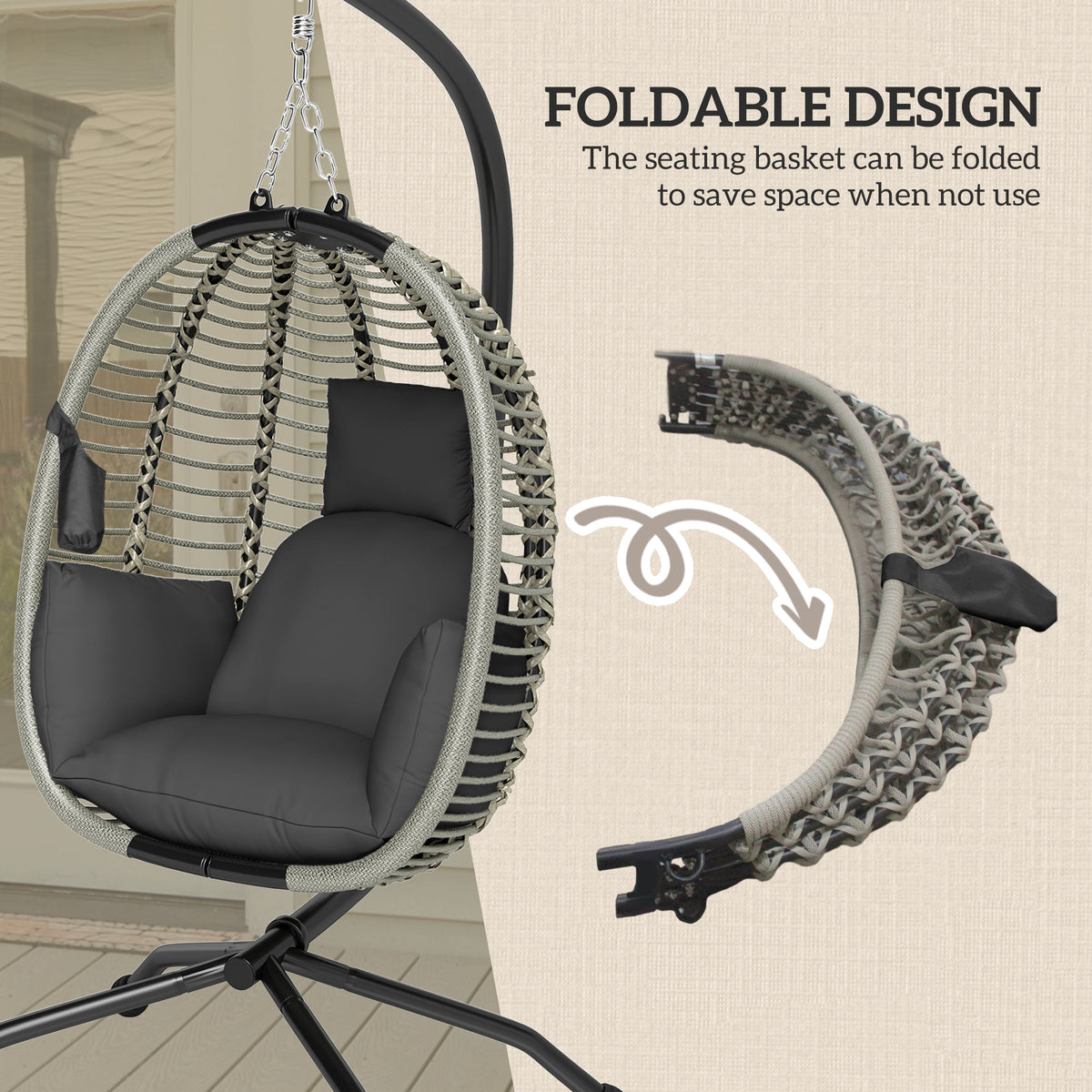 Outsunny hanging egg chair with foldable woven basket and padded seat