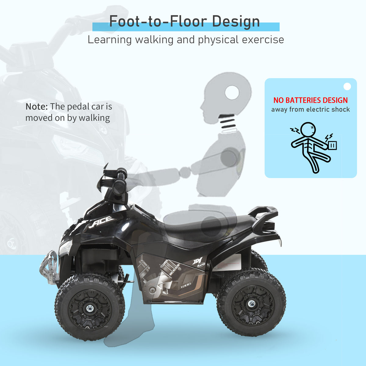 Black ride-on quad with wide tires, shown with a child-sized rider silhouette.
