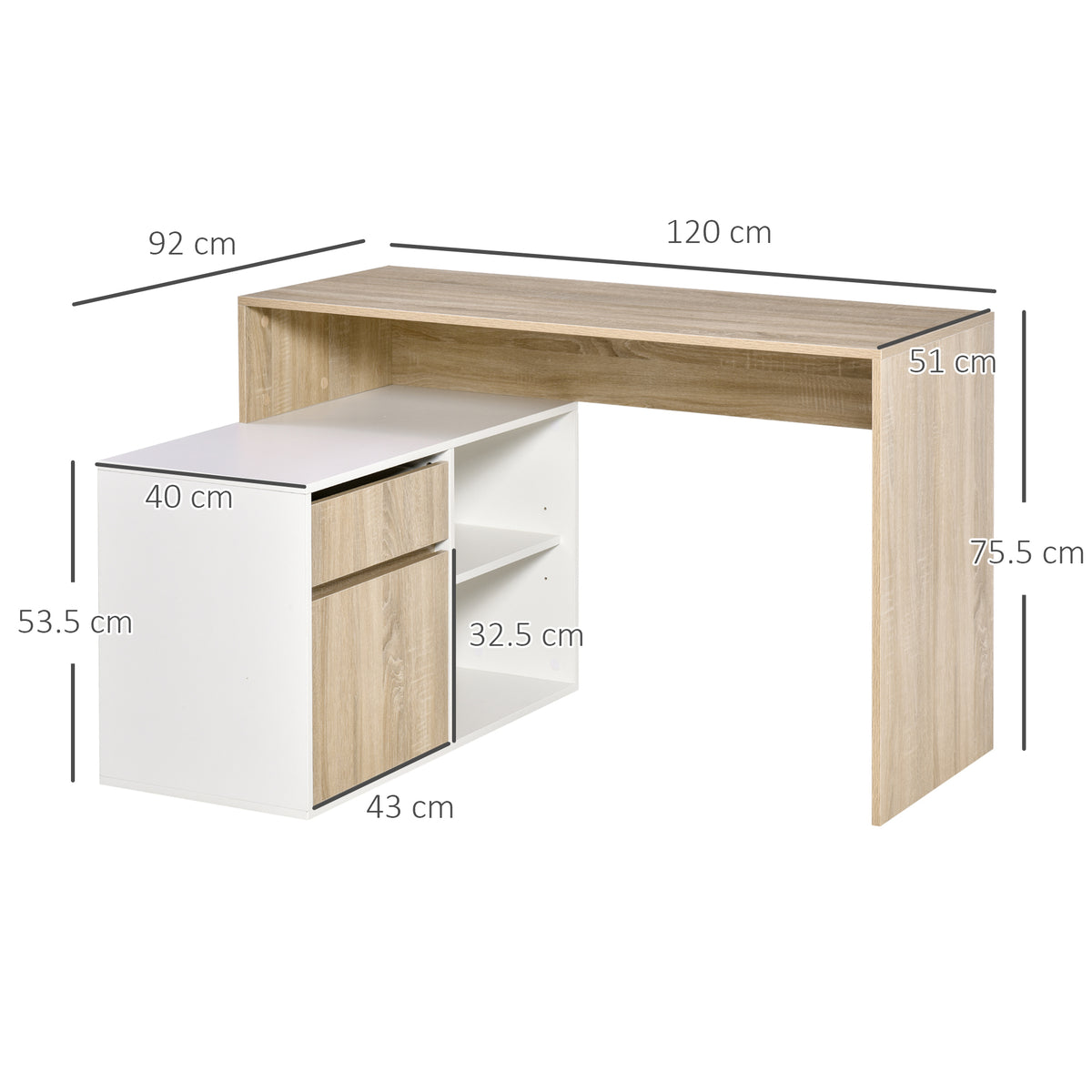 Oak and white L-shaped desk with drawer, cabinet, open shelves, and dimension labels