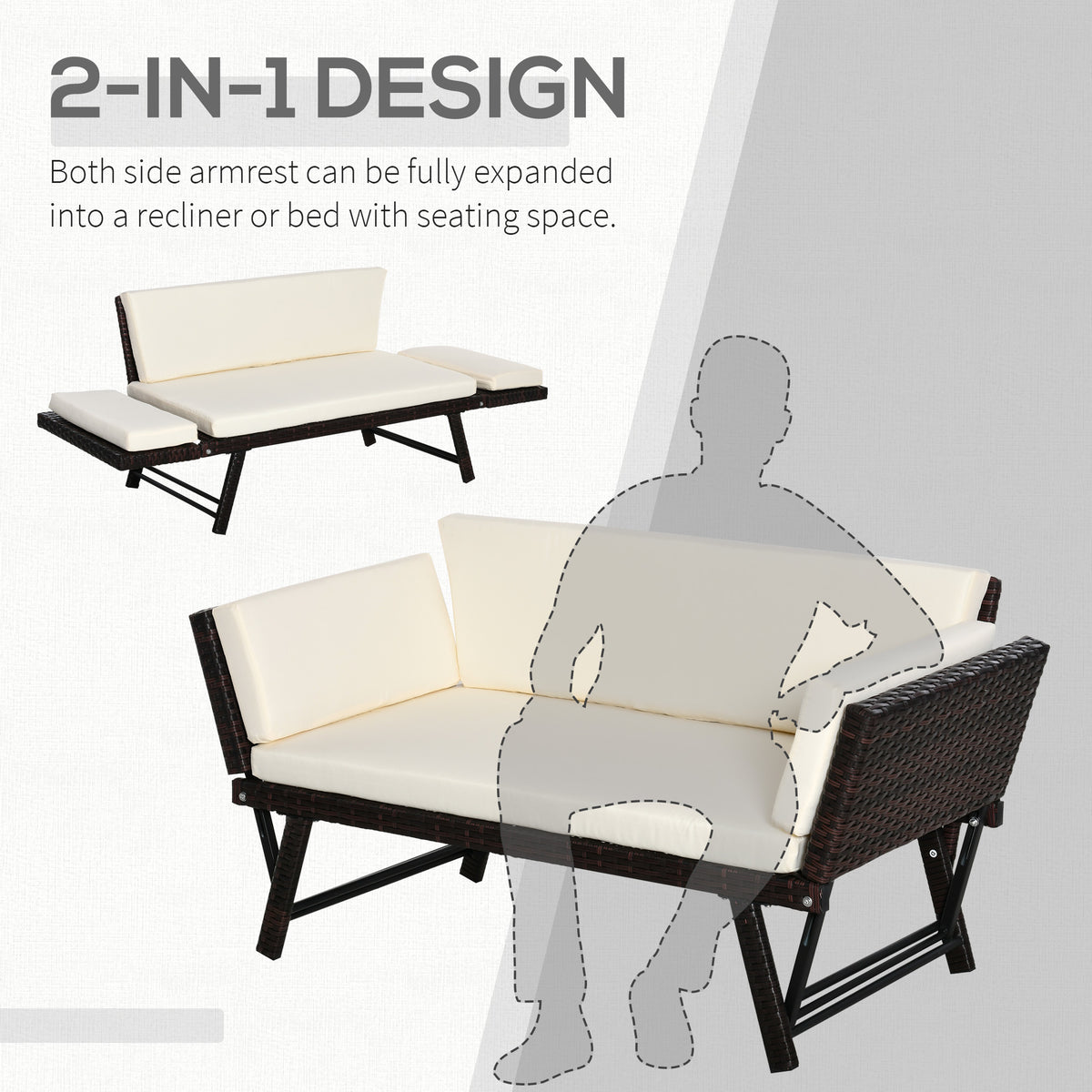 Brown rattan convertible sofa shown with armrests extended as a bed and folded as a loveseat