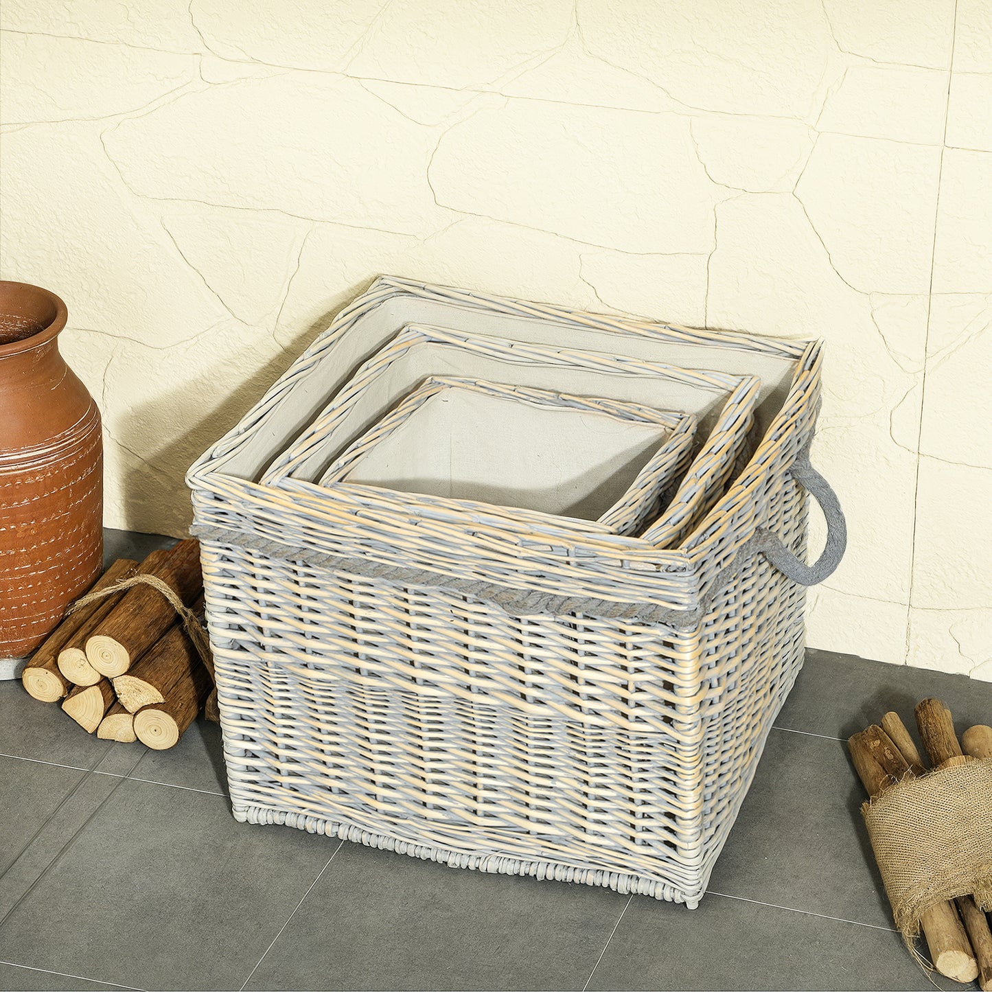 Outsunny Set of 3 Log Baskets for Wood Burner Indoor, Storage Basket with Lining and Rope Handles, Wicker Basket for Fireside Storage, Blankets, Beige