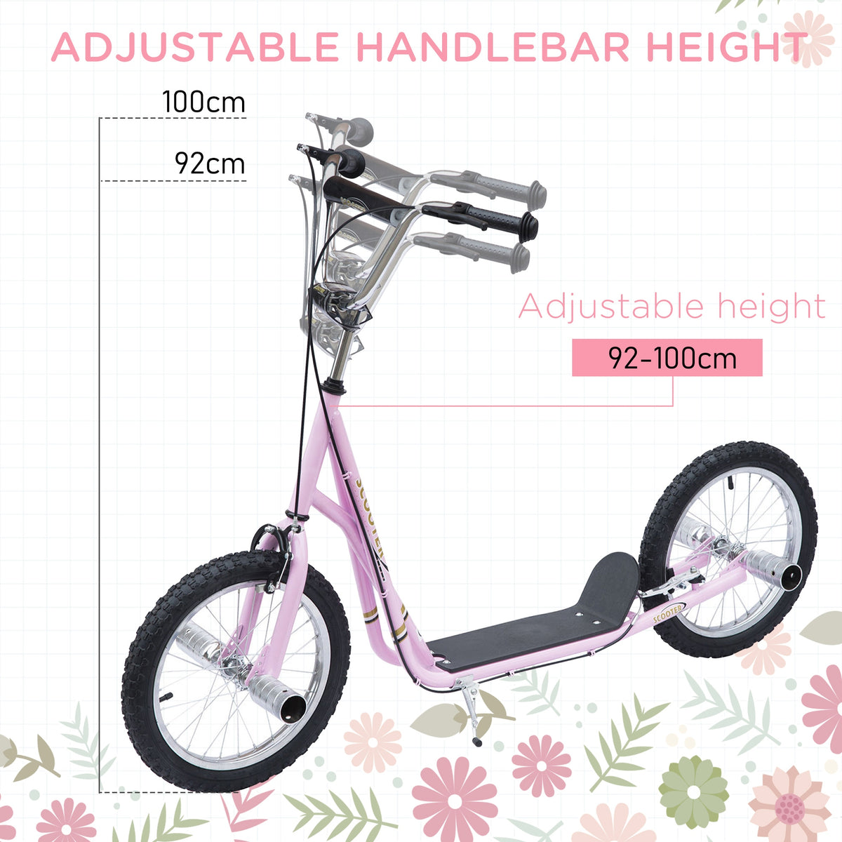 Pink HOMCOM kids scooter with large wheels and adjustable 92–100 cm handlebar height