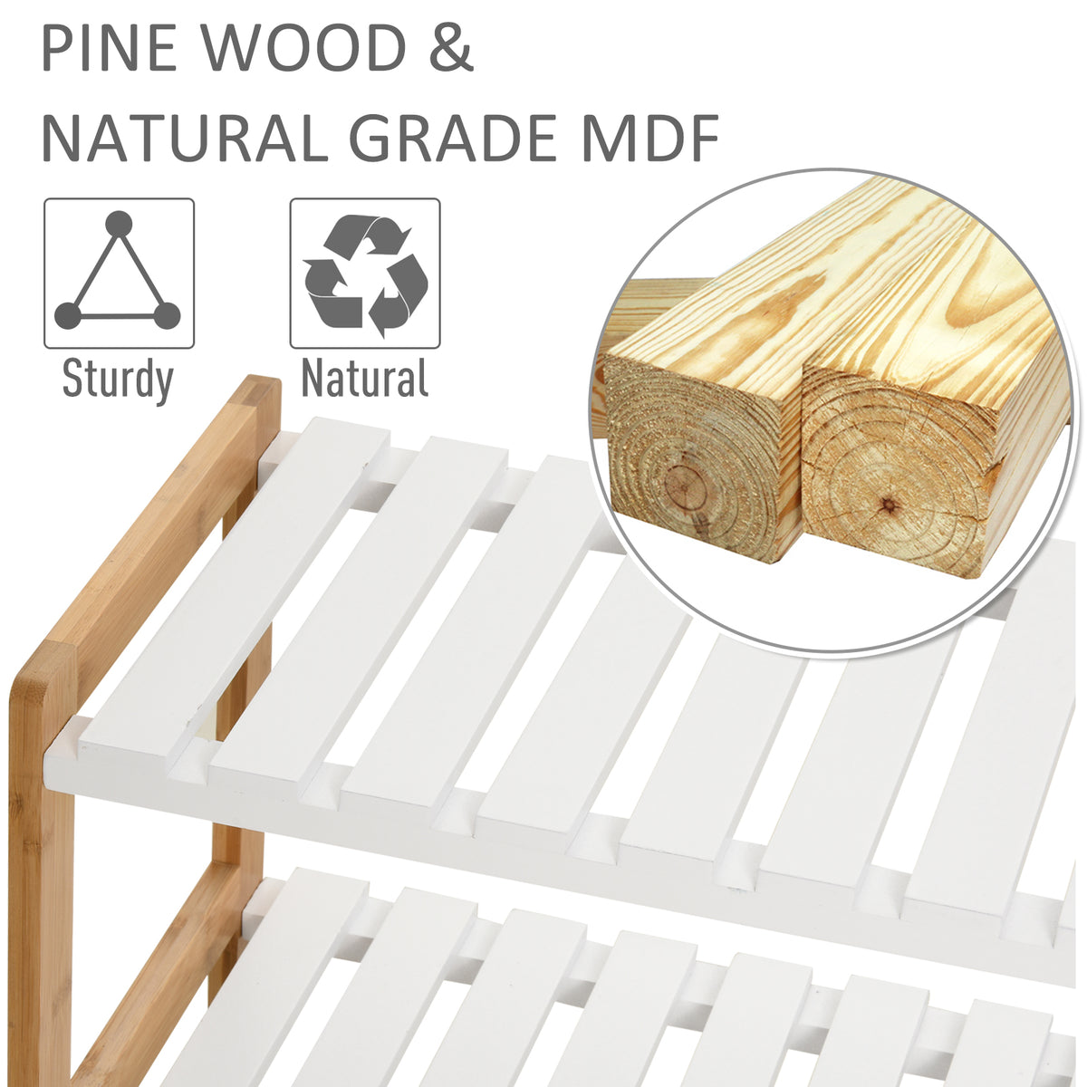 Three-tier shoe rack with natural wood frame and white slatted shelves; close-up highlights wood grain.