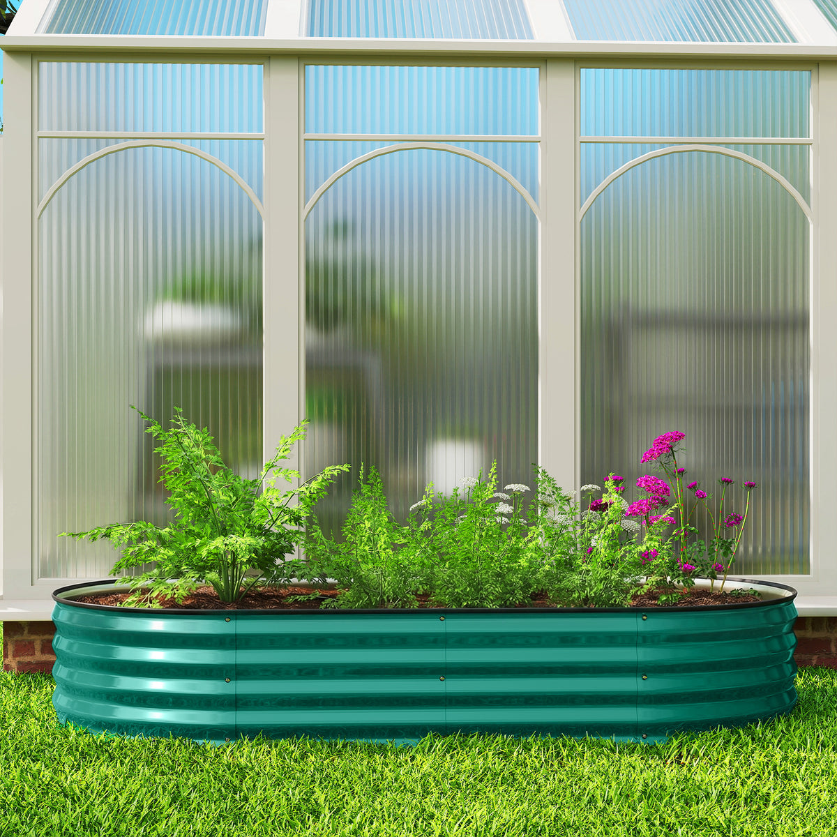 Outsunny Galvanised Raised Garden Bed, Metal Planter Box with Safety Edging, for Flowers, Herbs, Succulents, Light Green