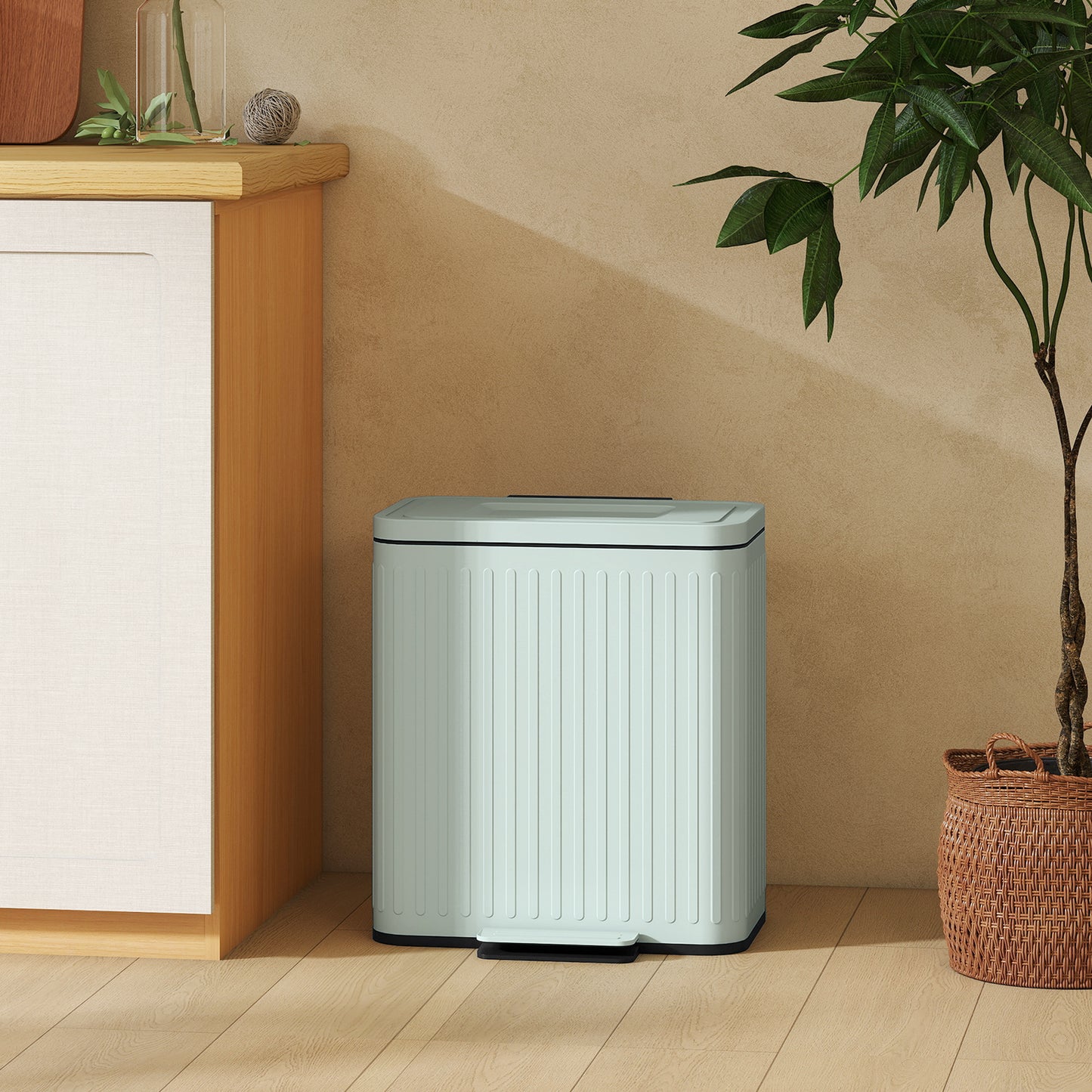 HOMCOM green dual kitchen bin with ribbed front and closed lid