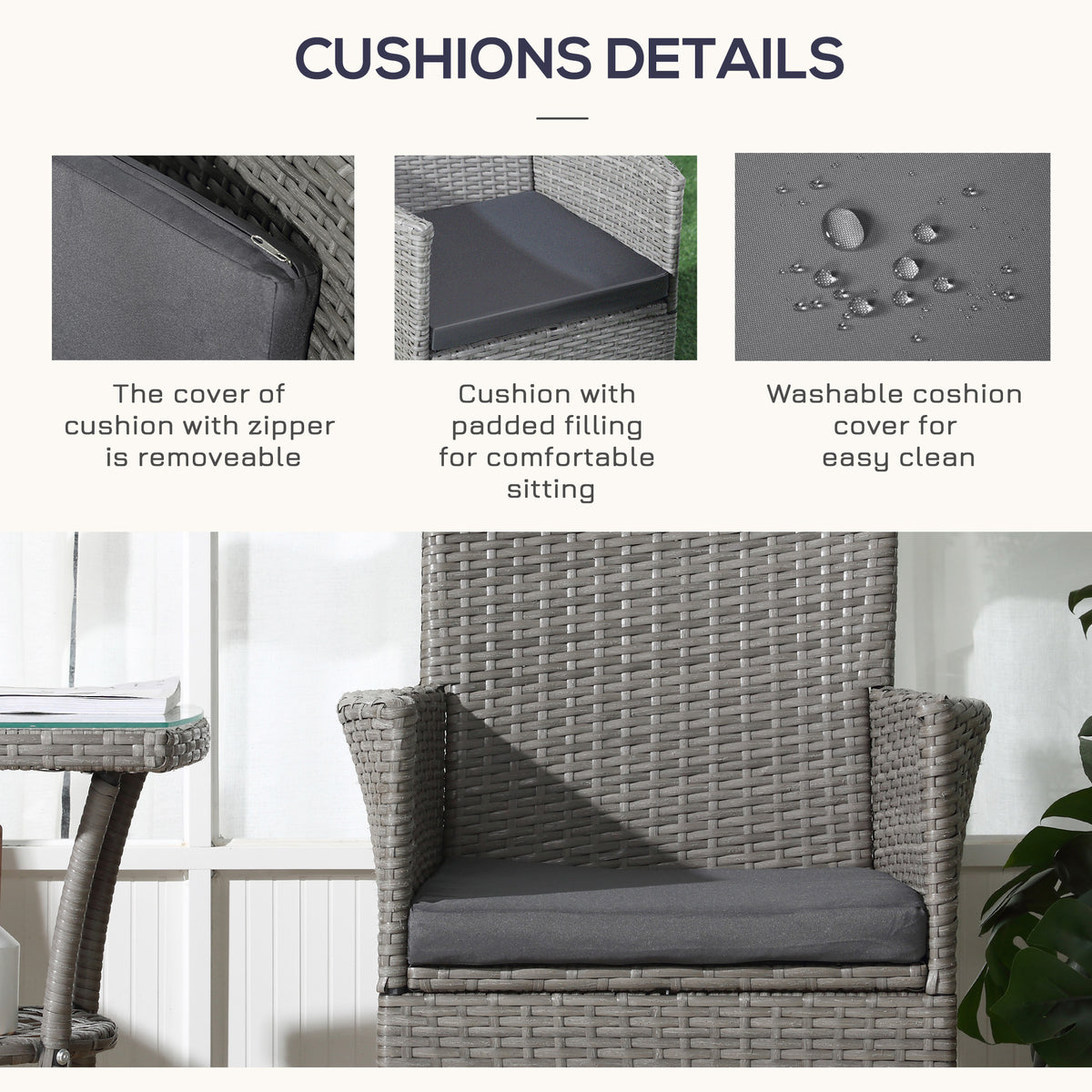 Rattan chair with a dark removable cushion and zippered, washable cover