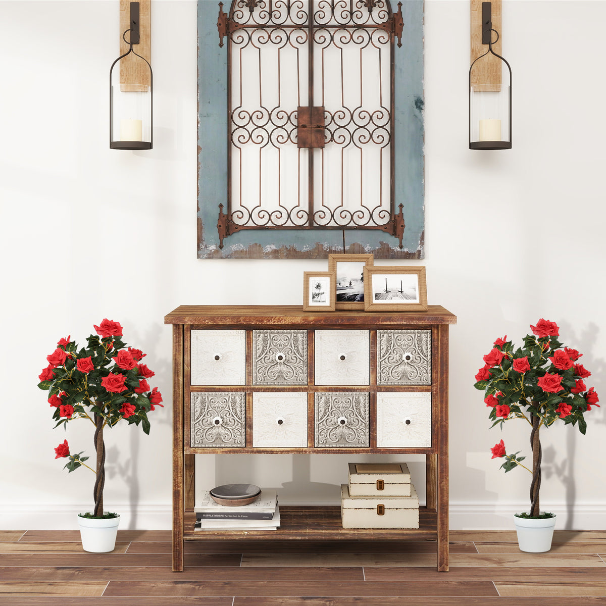 Pair of artificial red rose trees in white pots, shown beside an indoor console
