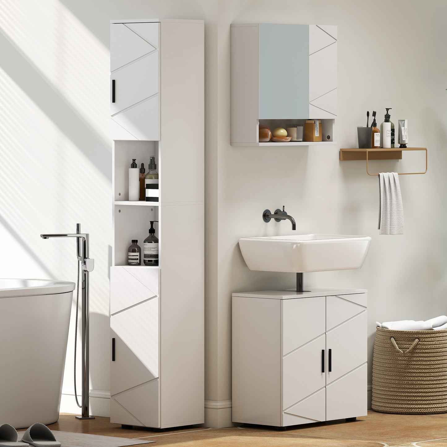 kleankin Line Embossed Tall Bathroom Storage Cabinet - White