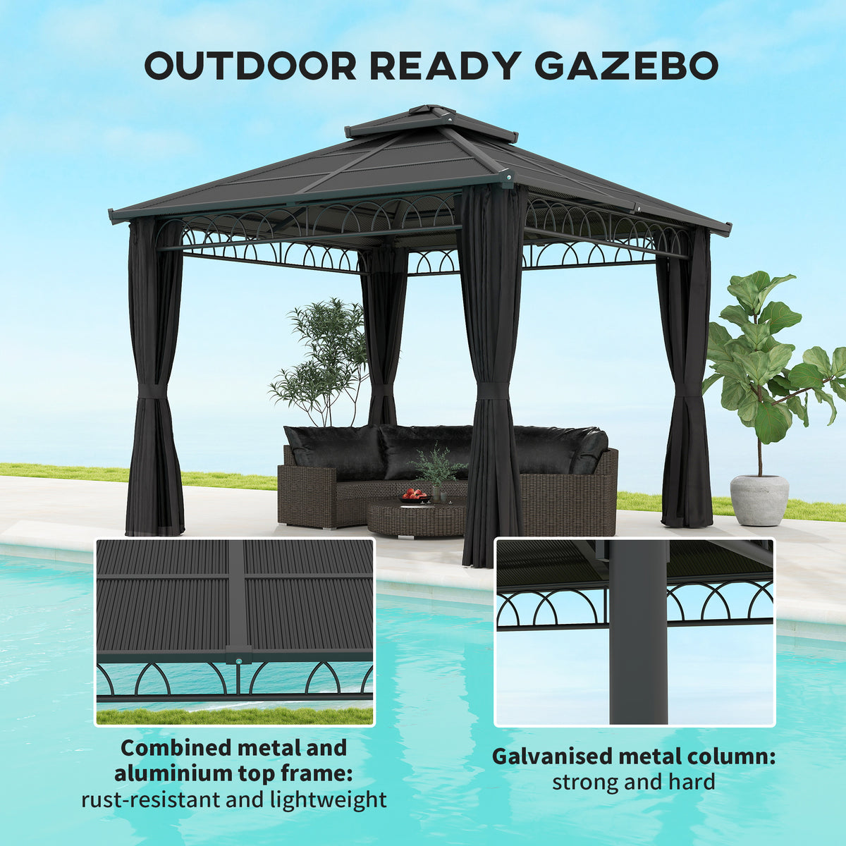 Dark grey gazebo with hard roof, metal frame and tied-back curtains.