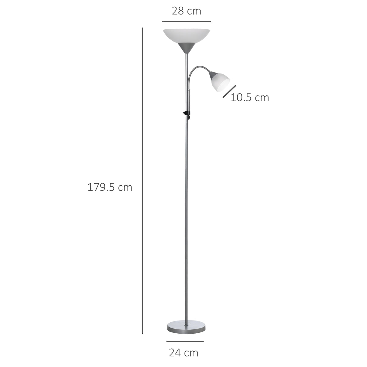 Silver-tone floor lamp with uplighter, adjustable gooseneck shade, and round base; 179.5 cm tall